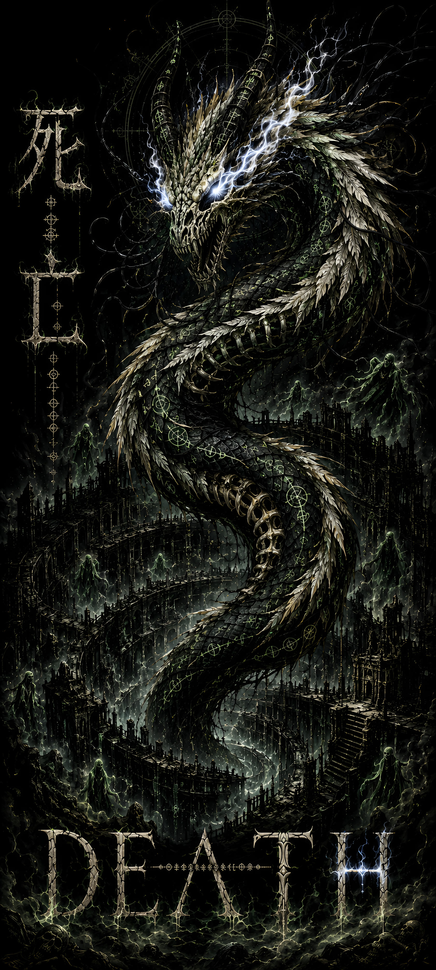 Dark AI fan-art AMOLED iPhone wallpaper: a coiled skeletal dragon with lightning-blue eyes looming above a ruined city, kanji for death at left and DEATH text below.