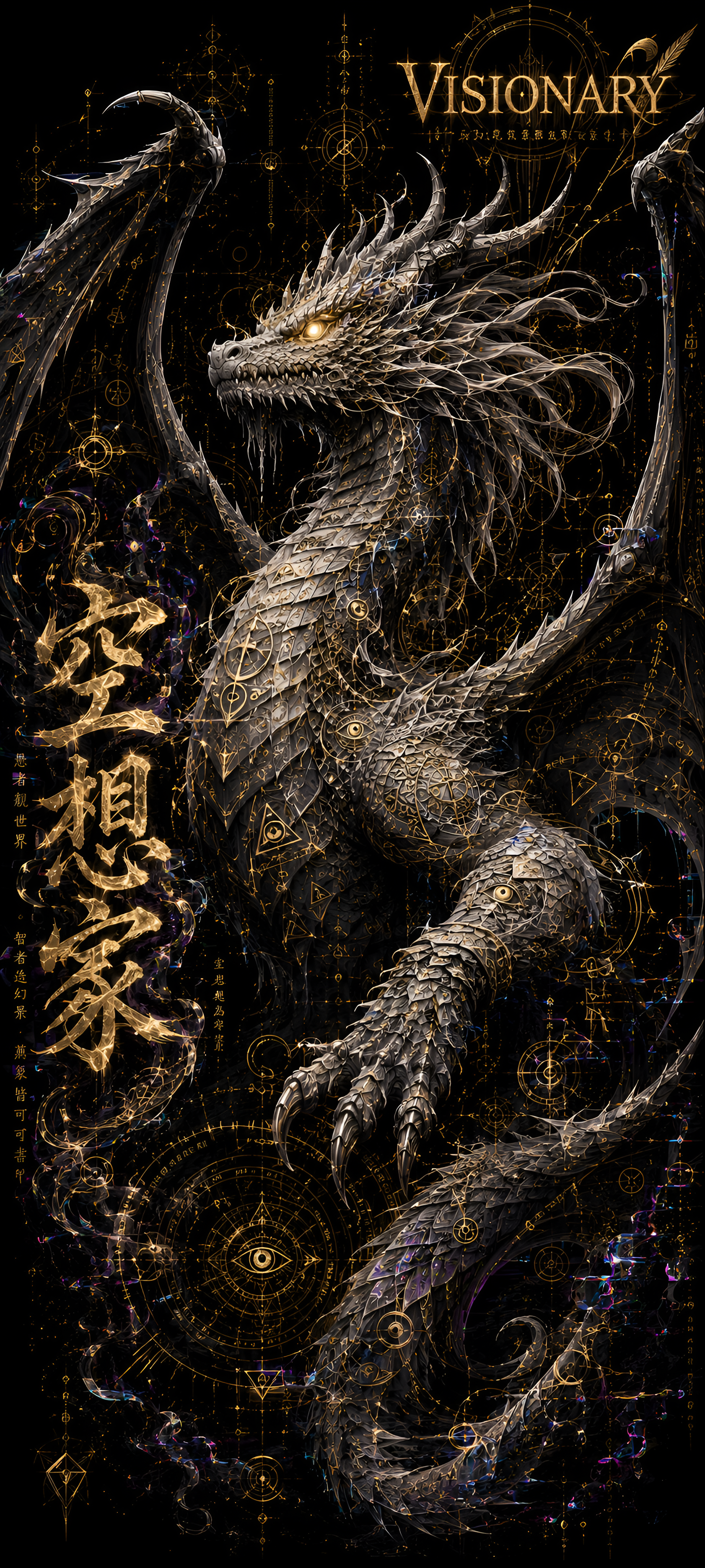 Amoled fan art AI Art iPhone wallpaper: detailed metallic dragon coiling on black, glowing golden eyes, framed by alchemical sigils, runes and elegant calligraphy under 'VISIONARY'.