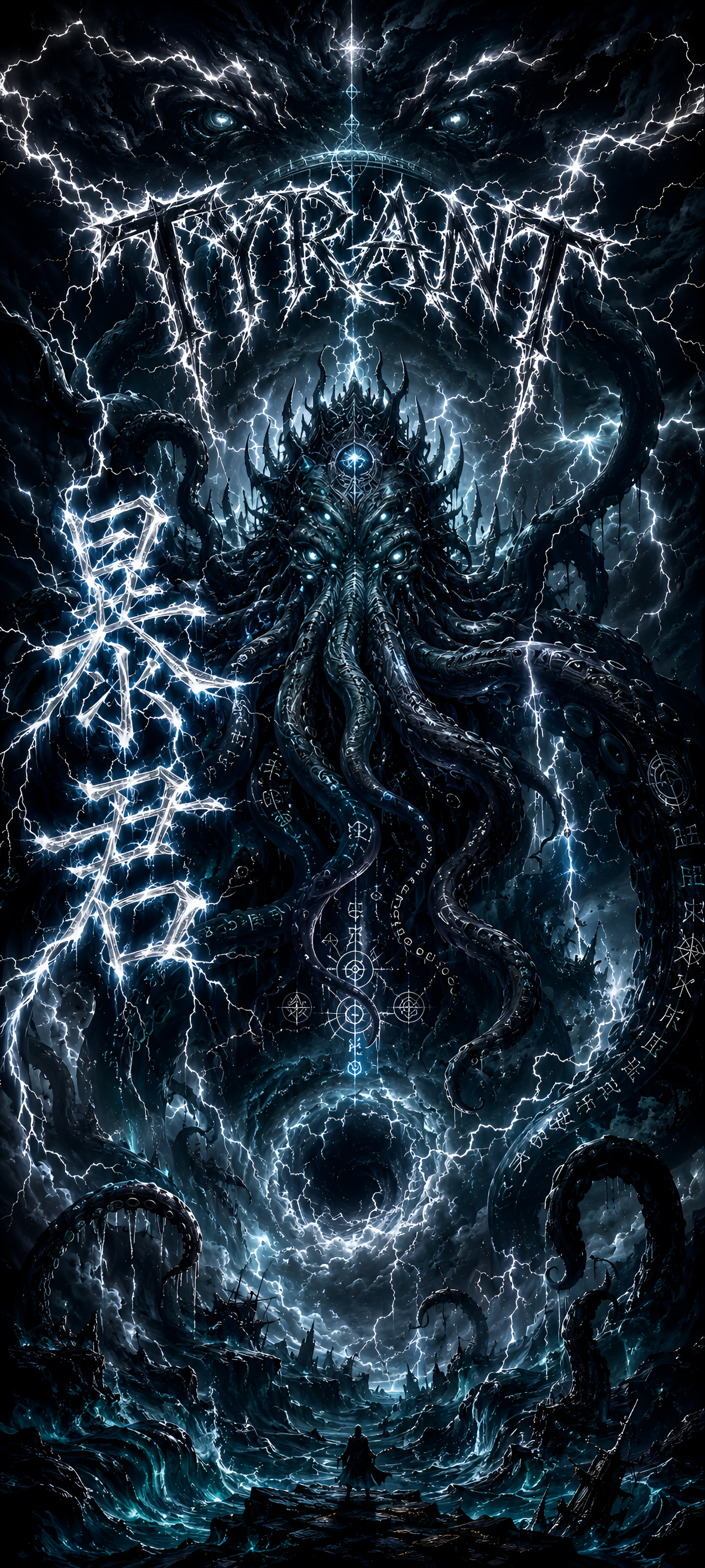 AMOLED fan art AI Art phone/iPhone wallpaper: colossal Cthulhu-like tyrant amid lightning, glowing runes and writhing tentacles, ominous eye over a lone figure on rocky shore.