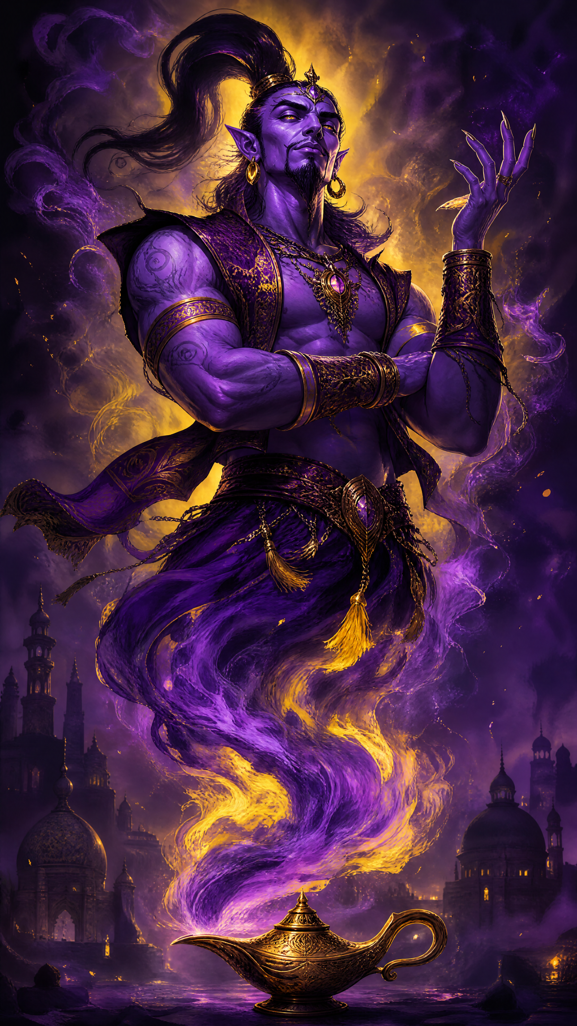 iPhone wallpaper: regal purple djinn rising from a golden lamp, smoky lower body spiraling into a silhouetted night city skyline.