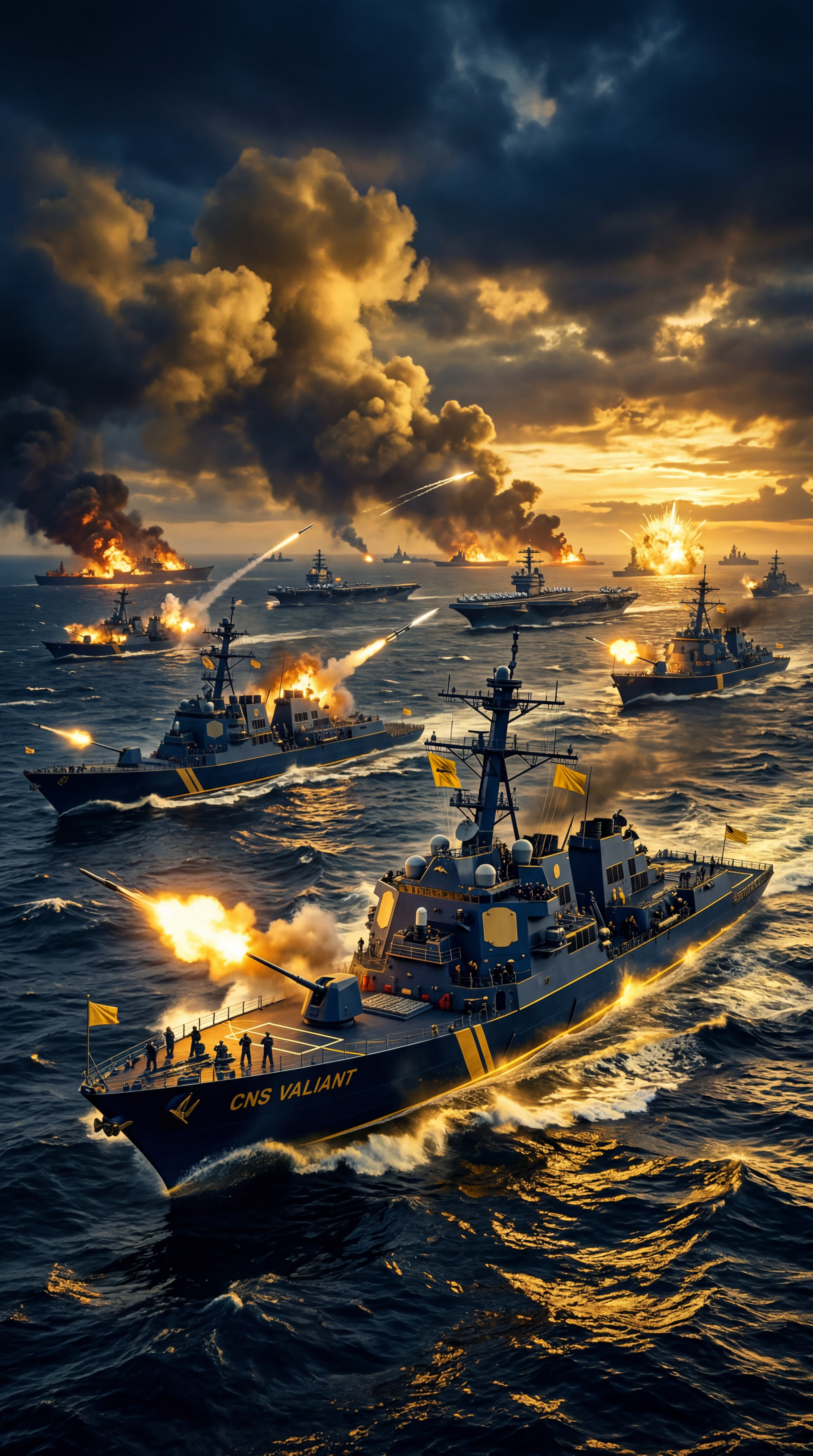 iPhone wallpaper — Sea War: fleet of warships led by CNS Valiant exchanging fire across storm-tossed seas under smoky, blazing skies.