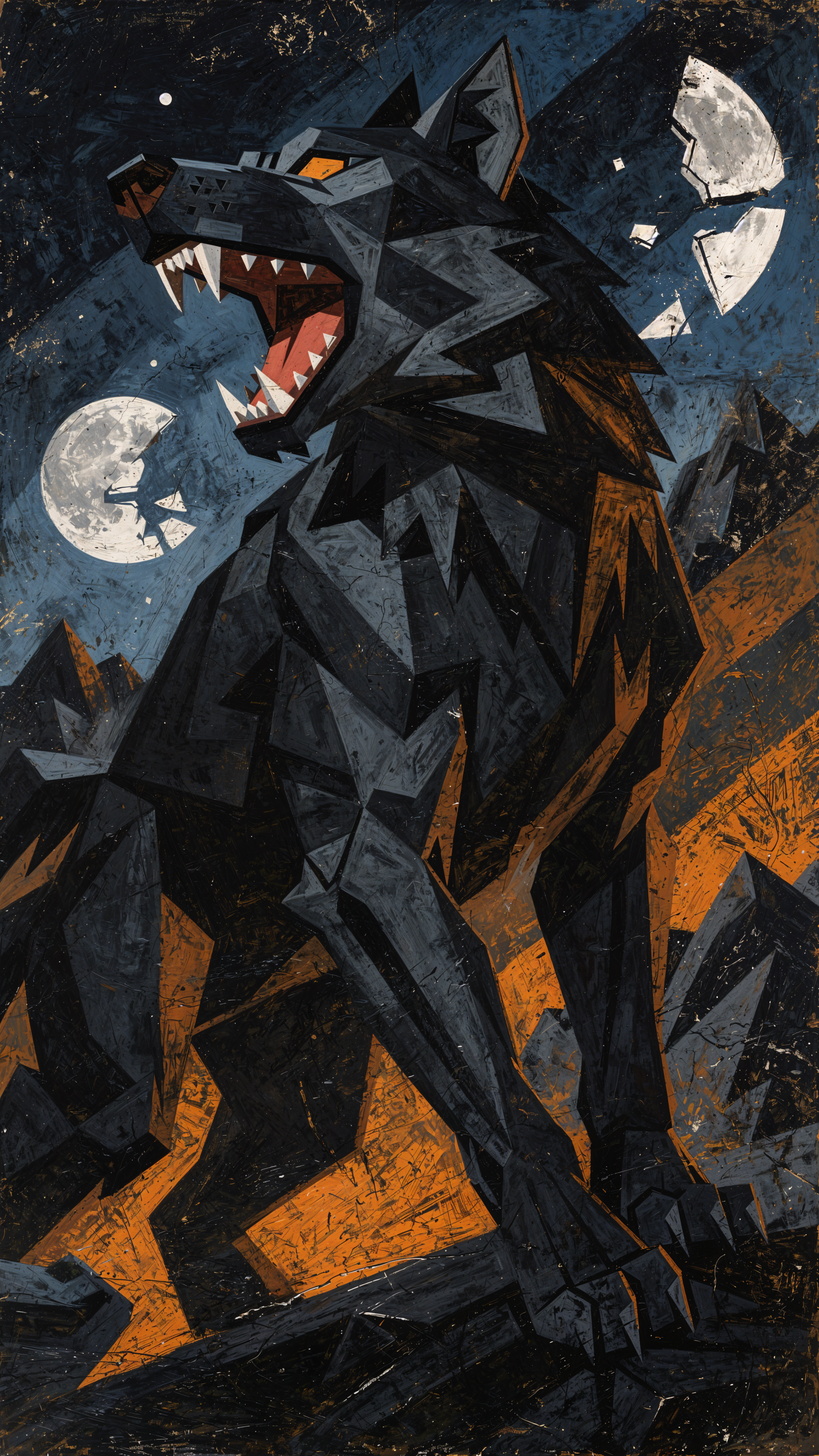 iPhone wallpaper of Fenrir: a geometric black wolf roaring atop jagged rocks, bared fangs, twin moons in a textured, angular block-style scene with orange highlights.