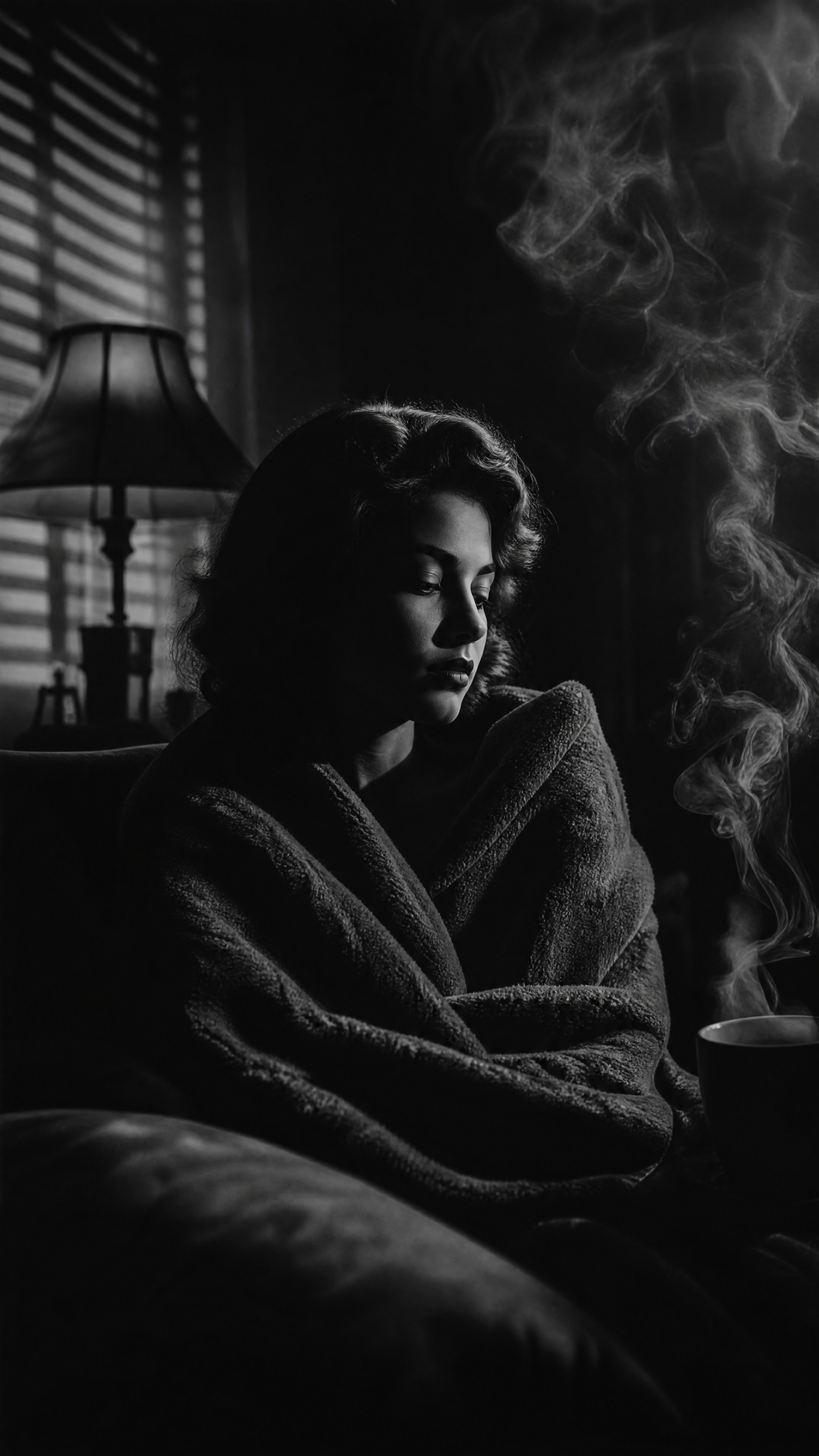 Black-and-white iPhone wallpaper: person wrapped in a cozy blanket, eyes closed by a lamp and blinds, steam rising from a hot cup — moody, quiet evening scene.