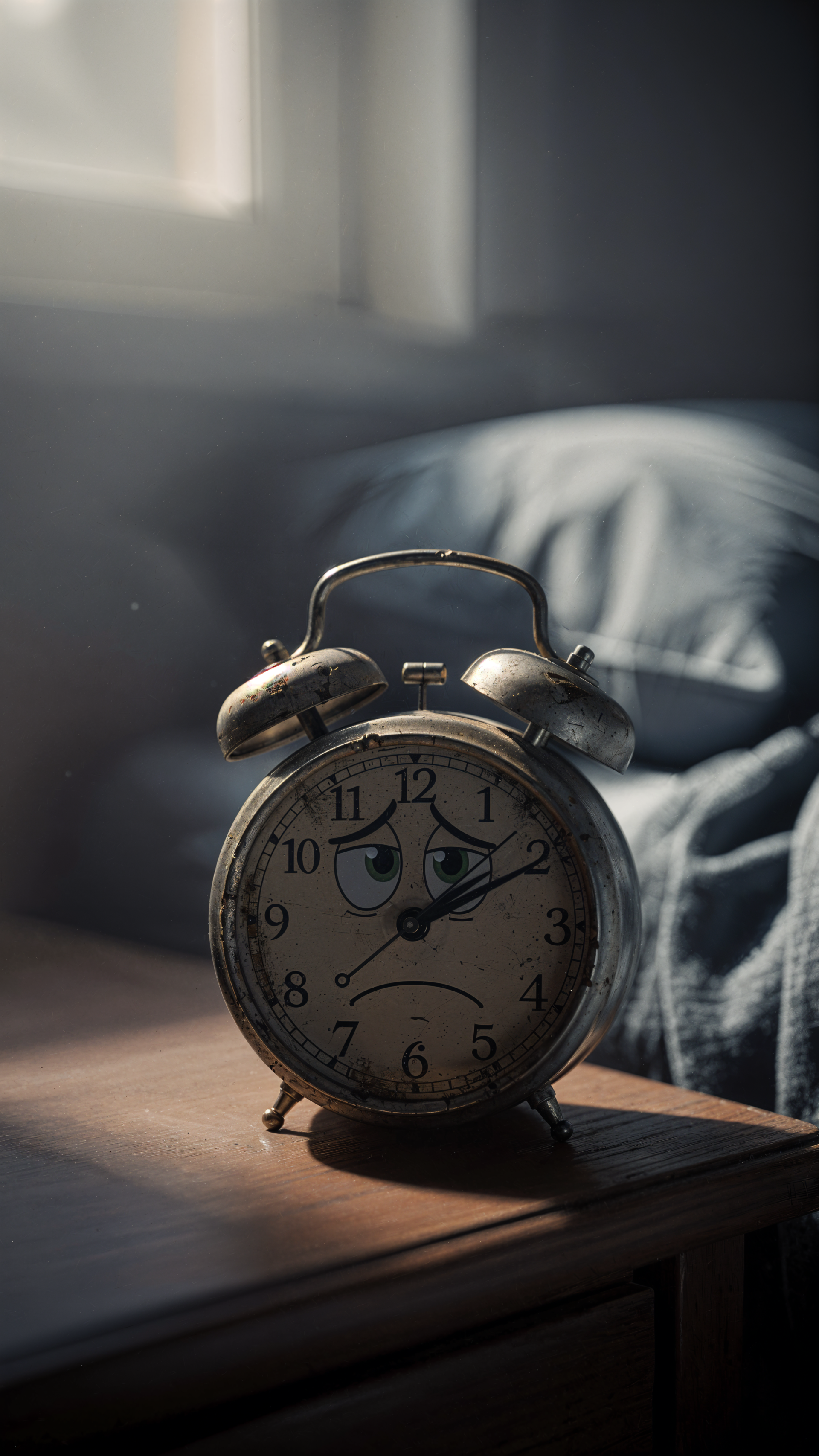 Vertical iPhone wallpaper: vintage twin-bell alarm clock with a sad face on its dial on a bedside table, soft morning light and rumpled bedding in the blurred background.