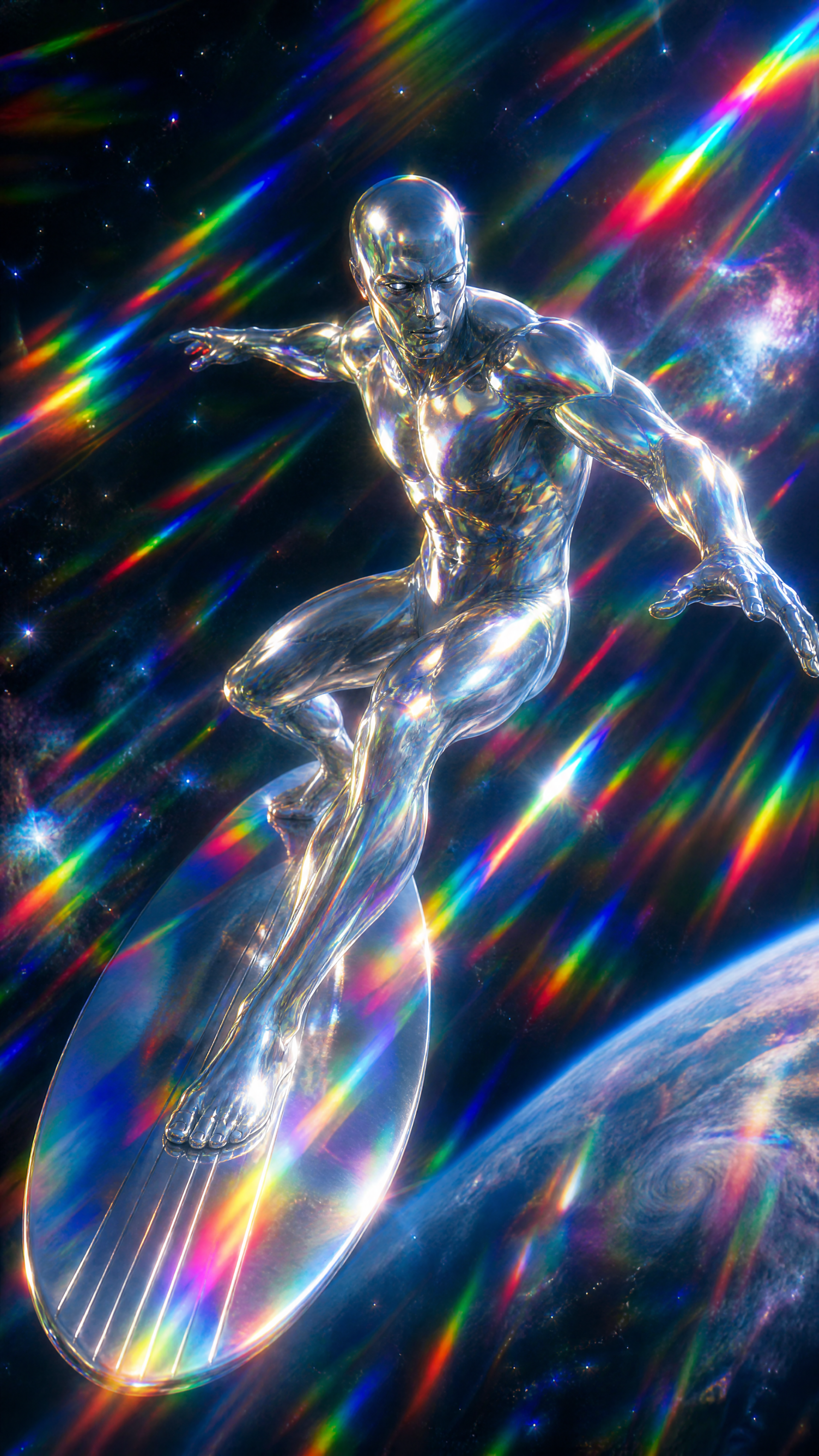 Silver Surfer surfing through prism-like rainbow streaks above Earth, chrome figure on a surfboard — vertical phone/iPhone wallpaper.