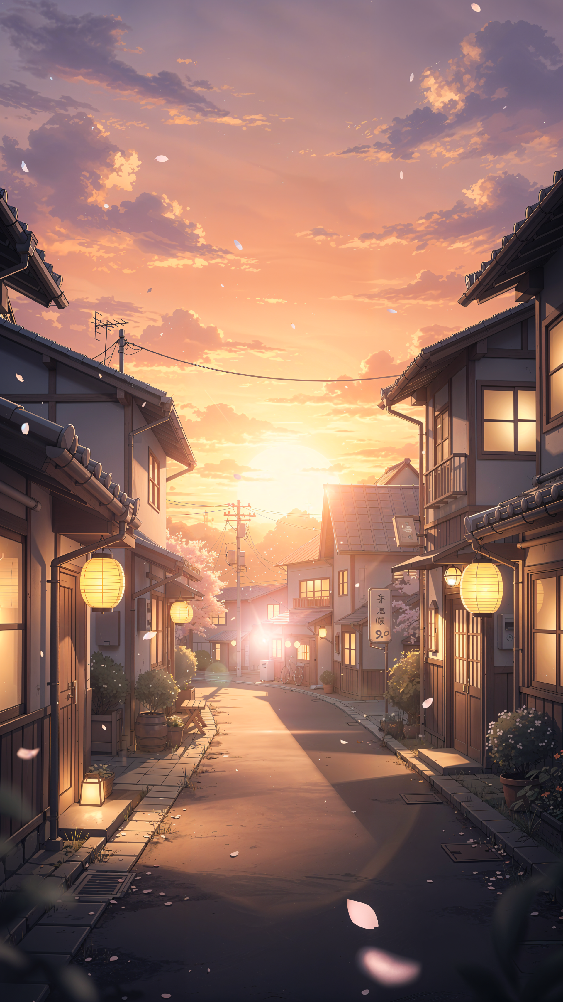 Anime-style iPhone wallpaper: a quiet Japanese street at sunset, warm glowing lanterns, falling cherry petals and long evening shadows.
