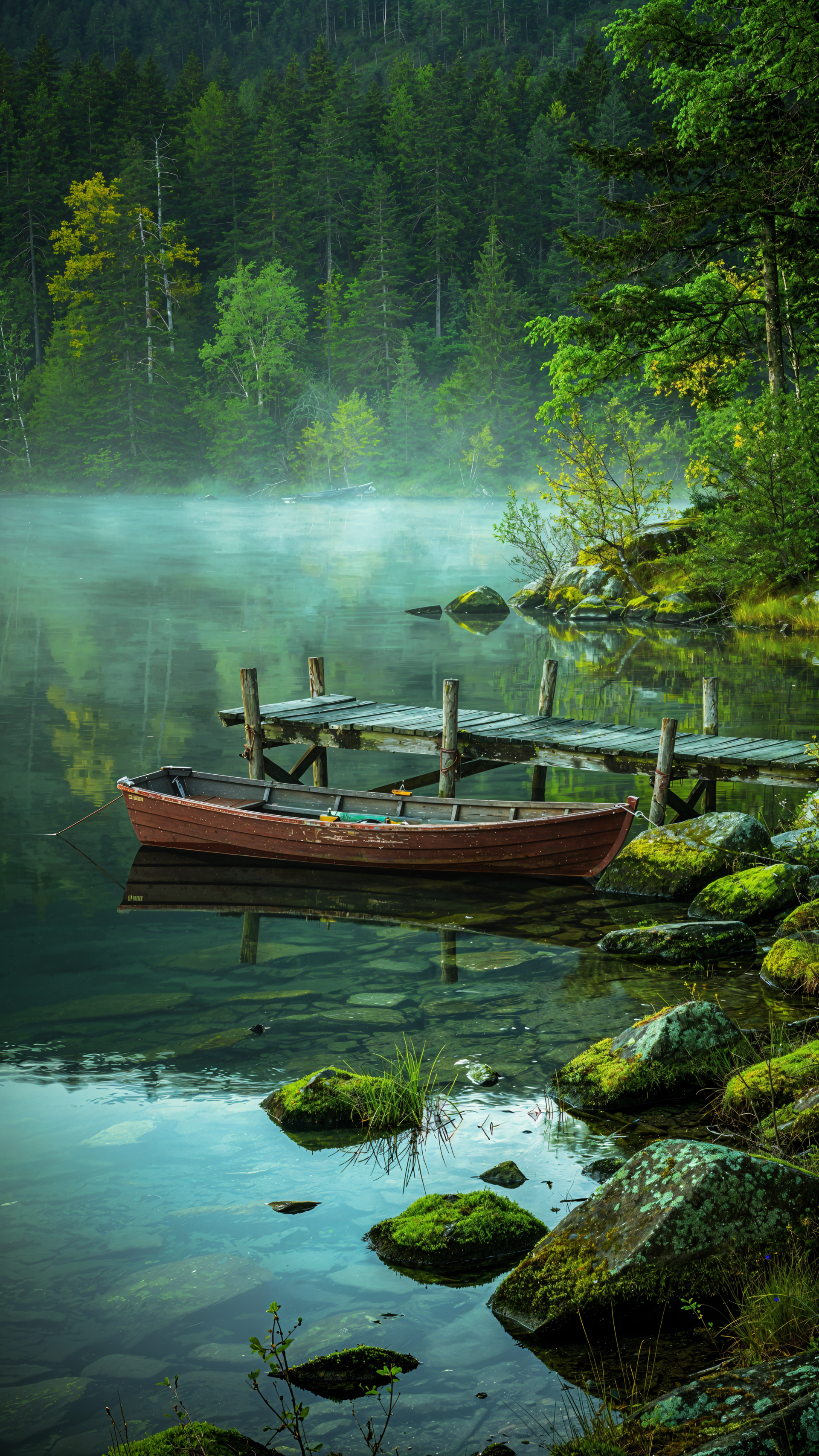 iPhone wallpaper of a secluded fishing spot: a wooden rowboat by a weathered dock on a misty forest lake, moss-covered rocks and evergreens reflected in glassy water.