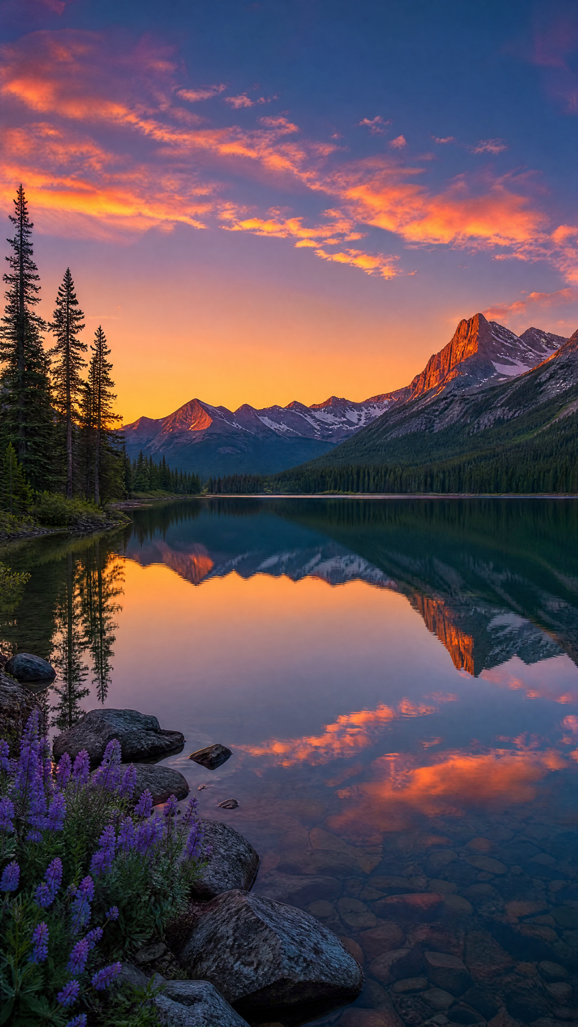 Vertical iPhone wallpaper of a tranquil mountain lake at sunset, colorful clouds and peaks mirrored in the water, with pine trees, rocks and wildflowers in the foreground.