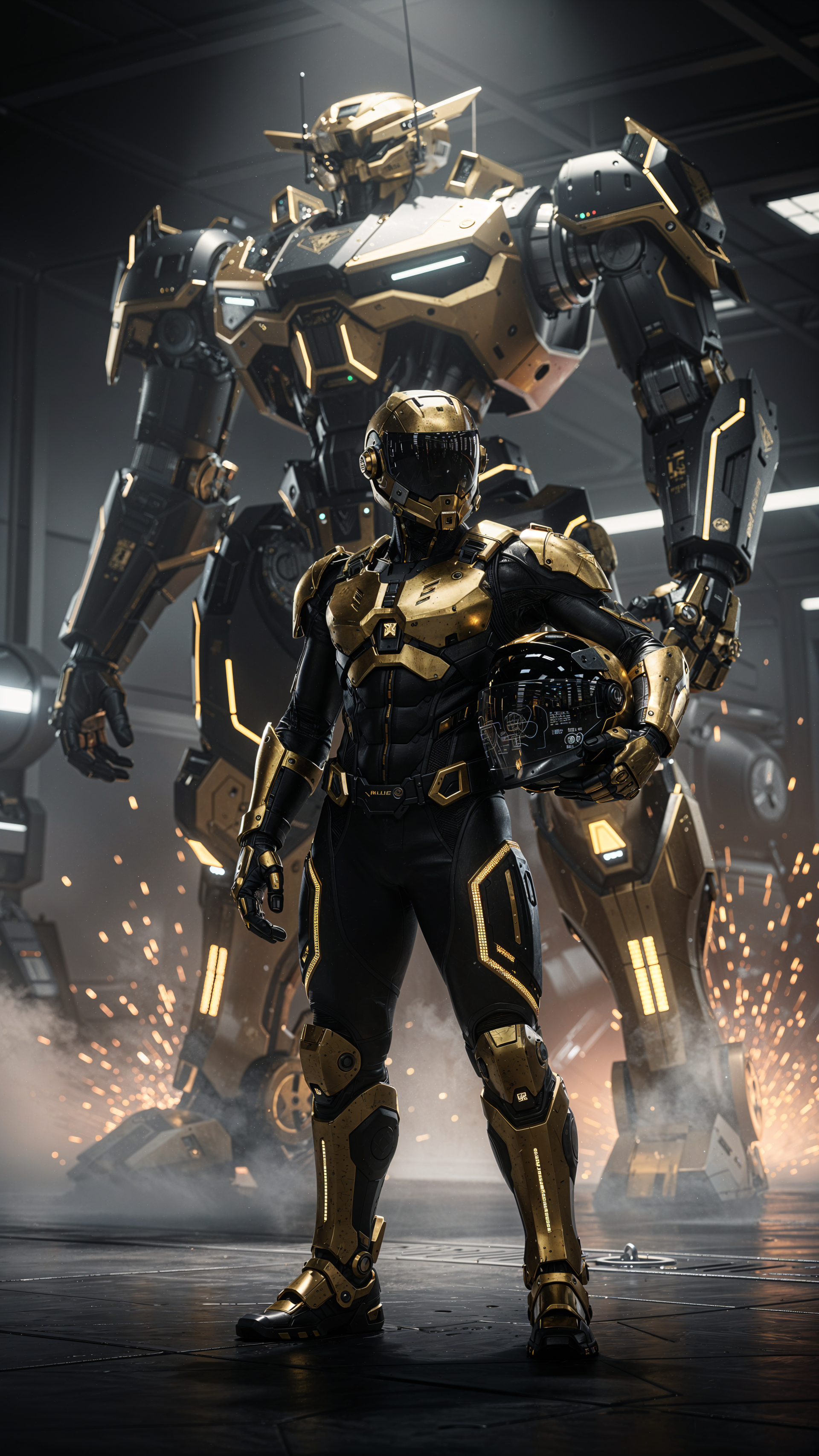 iPhone wallpaper: gold-and-black mech pilot in futuristic armor holding a helmet, standing before a towering matching battle mech in a dim hangar as sparks fly.
