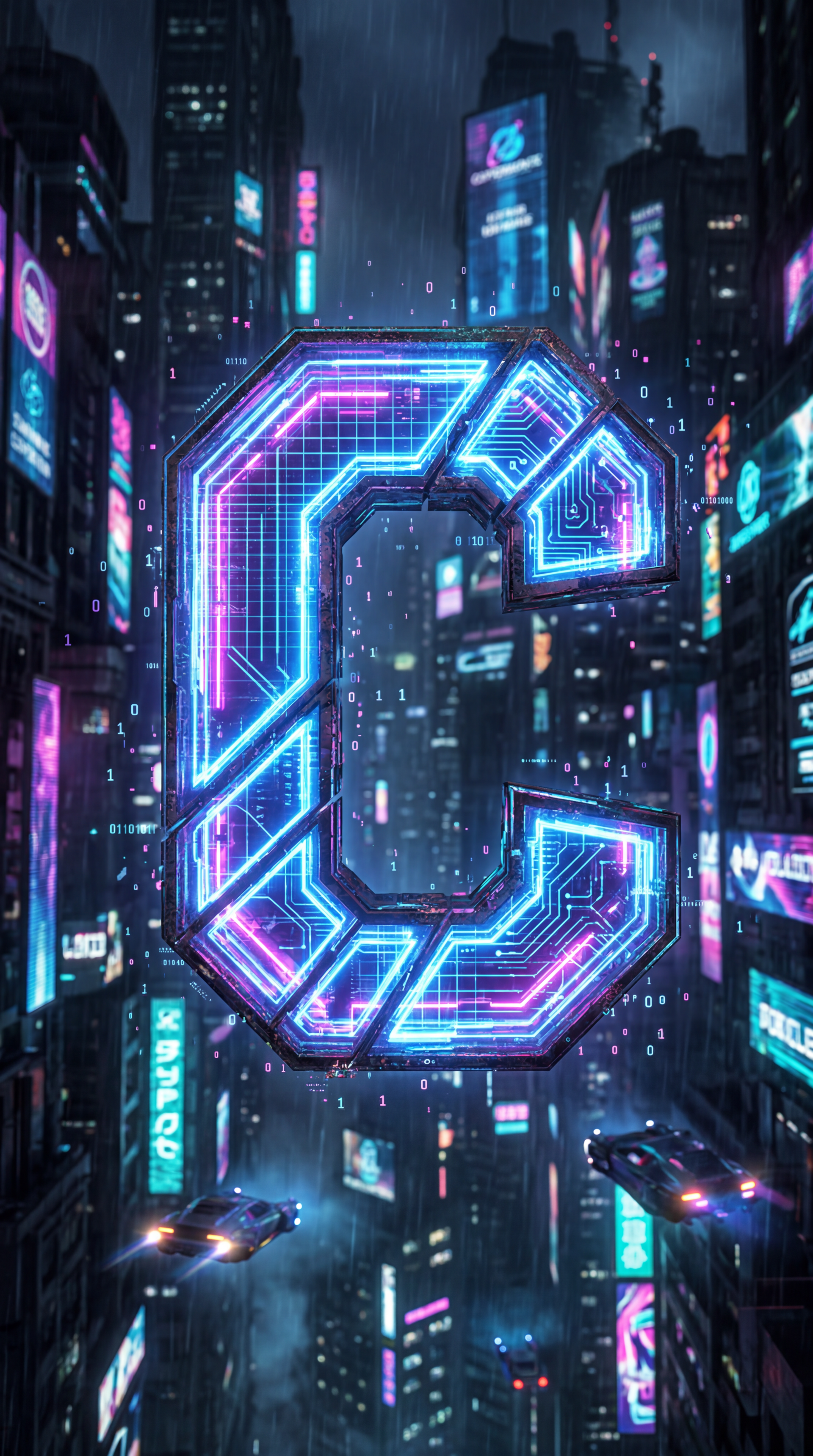 Neon cyberpunk iPhone wallpaper featuring a glowing, circuit-patterned letter C floating above a rainy cityscape of holographic billboards and flying cars.