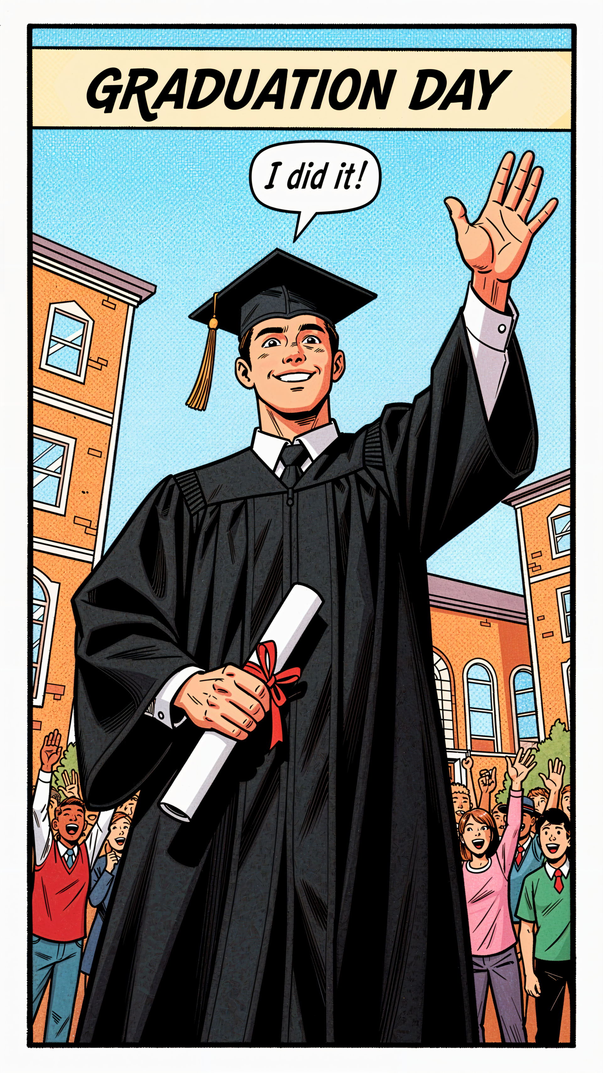 iPhone wallpaper: comic-style graduate in cap and gown holding a diploma, waving and saying I did it! with cheering crowd and campus buildings behind.