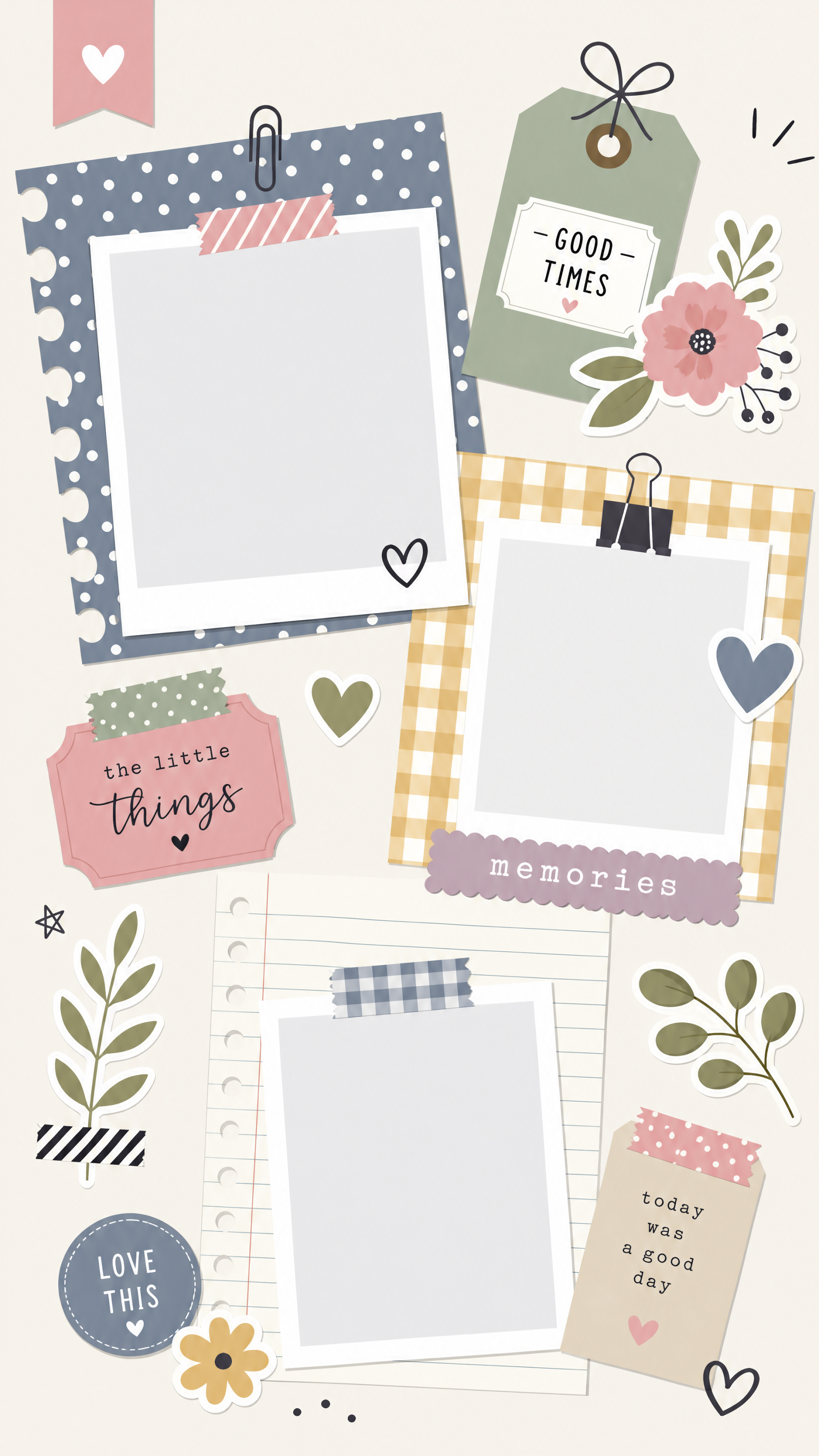 Vertical iPhone wallpaper styled like a scrapbook: three blank polaroid frames, tags labeled good times, memories, the little things, pastel flowers, hearts, washi tape and paperclip accents.