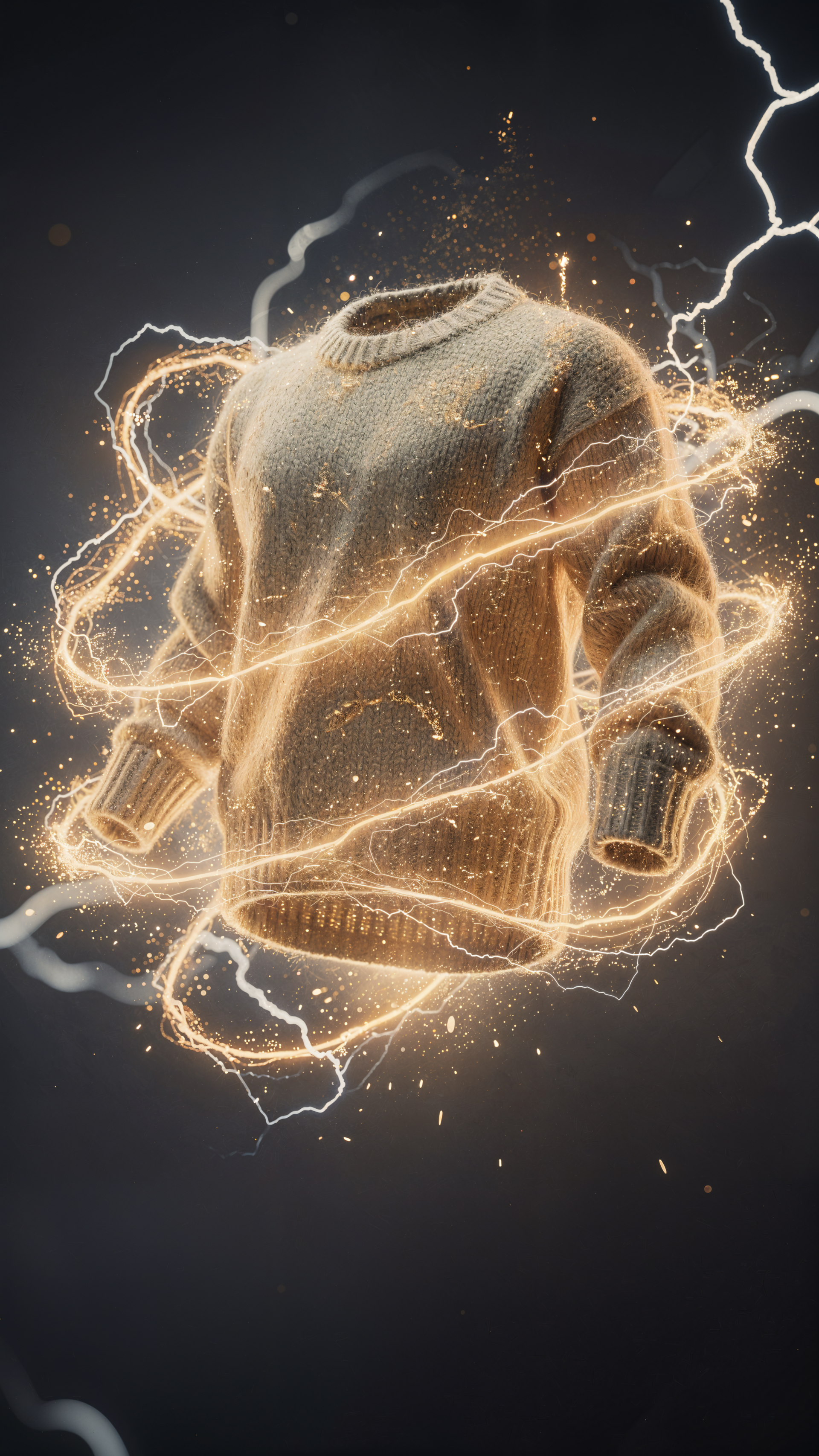 iPhone wallpaper of a cozy sweater floating in dark space, wrapped in golden sparks and crackling lightning, glowing with warm, textured fibers.