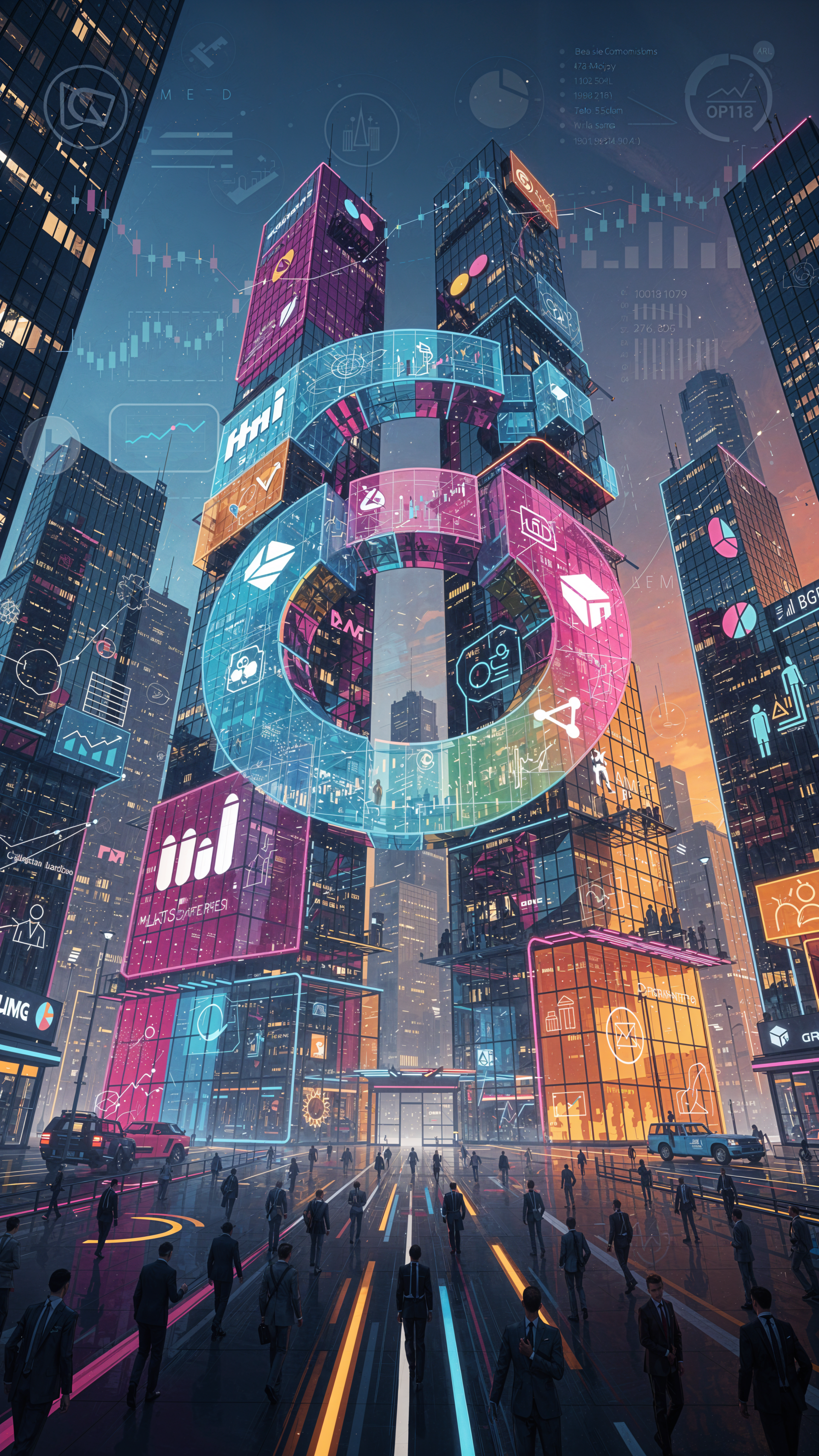 iPhone wallpaper of a neon corporate metropolis: skyscrapers with holographic logos and data ribbons looming over silhouetted crowds, a visual on corporatism.