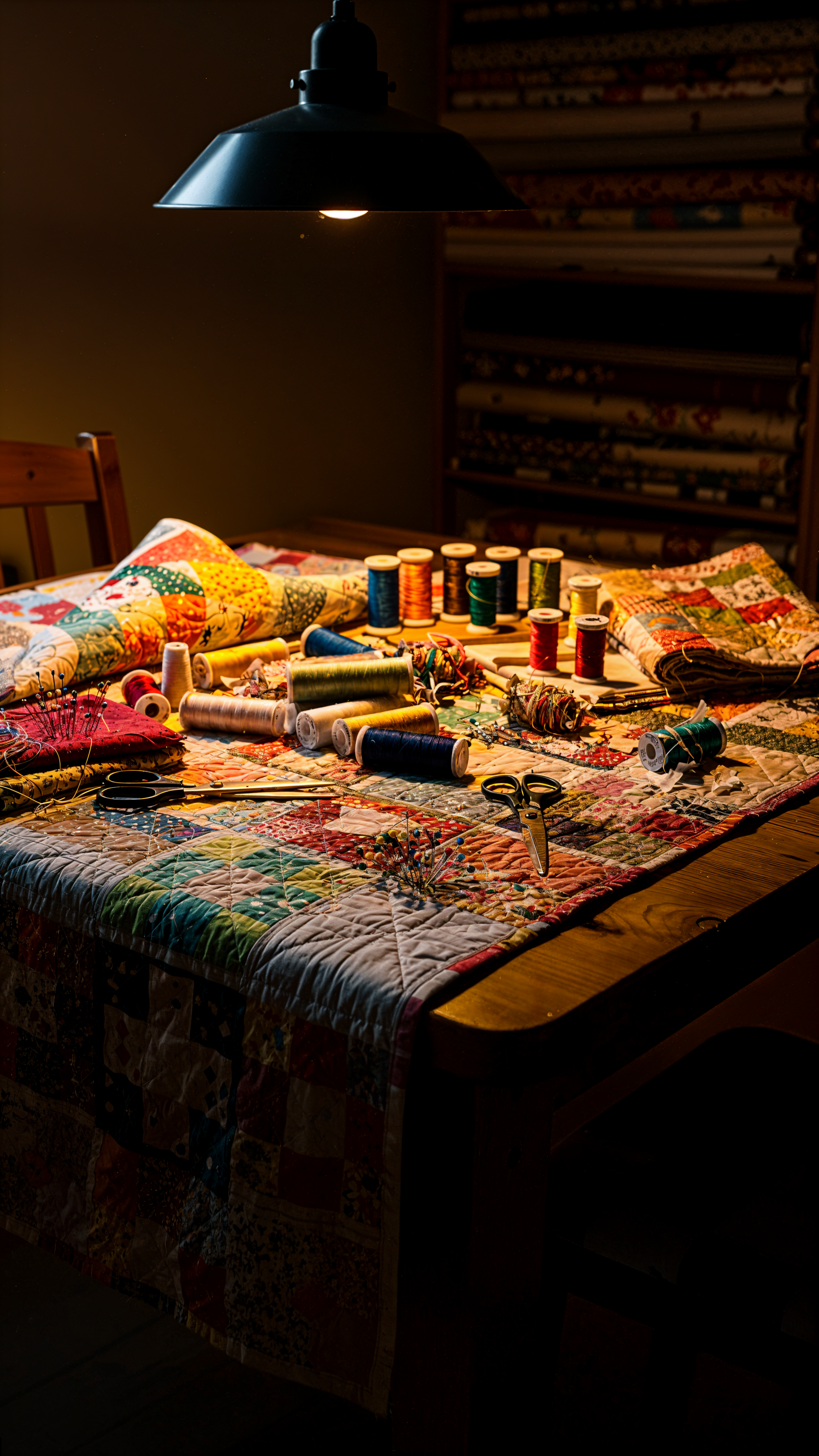 Vertical phone wallpaper of a cozy quilting workspace: a patchwork quilt draped over a wooden table with spools of thread, scissors and sewing tools under a warm pendant light.