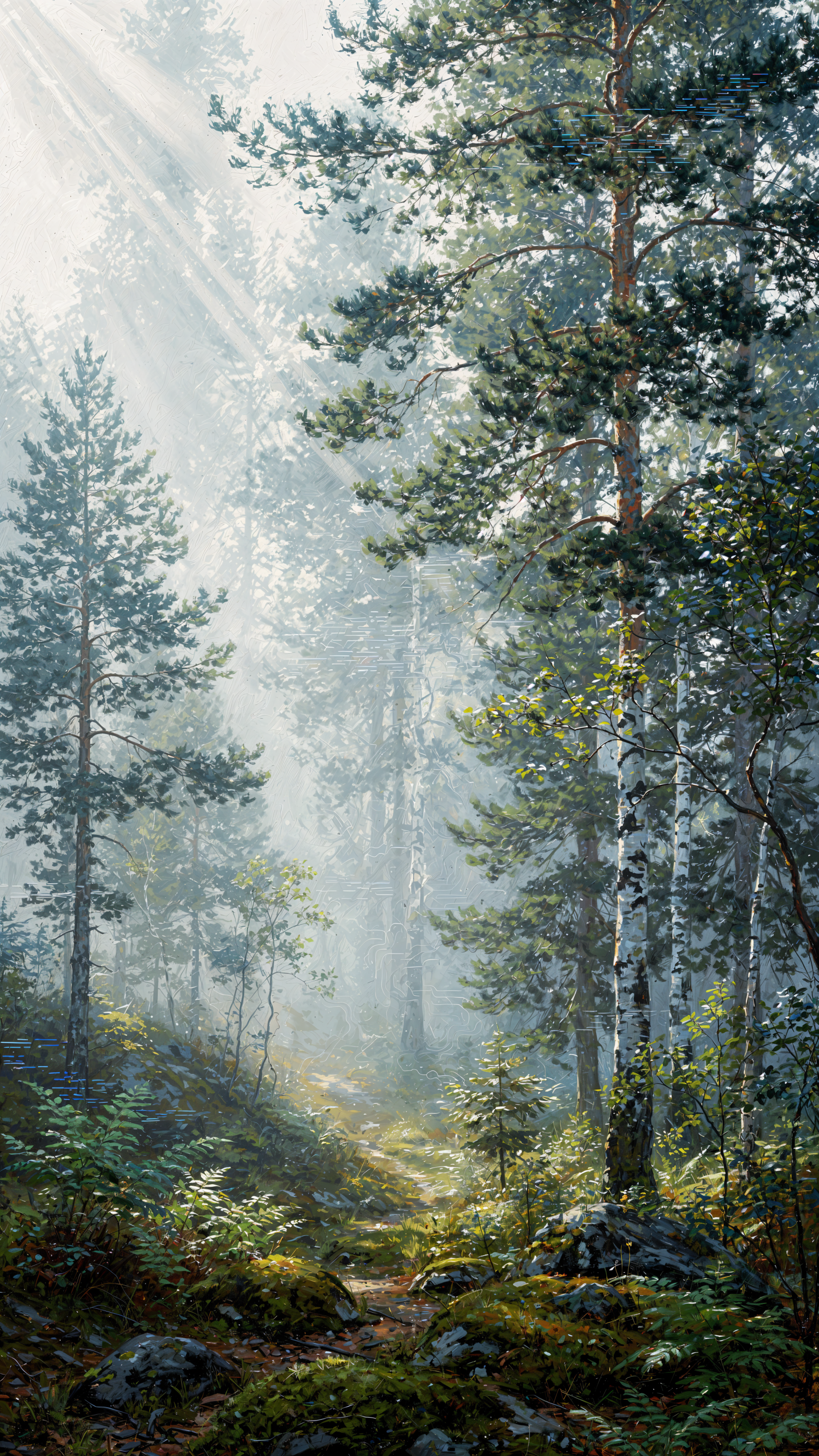 Misty Forest iPhone wallpaper: sunlit pines and birches, mist drifting over a mossy path, rays of light and dappled shadows in a tranquil vertical woodland scene.