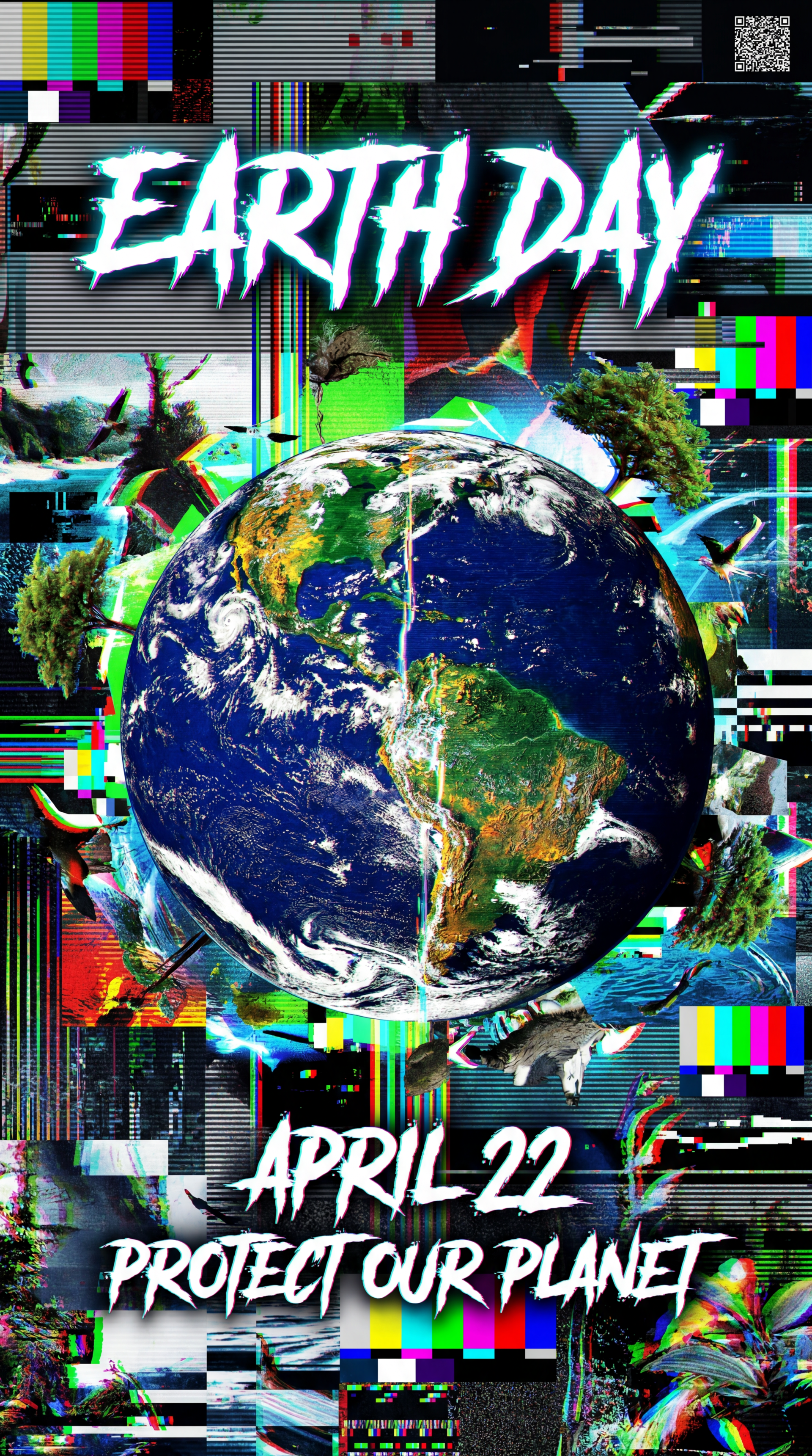 iPhone wallpaper: glitch-style Earth centered beneath bold EARTH DAY headline; April 22 Protect Our Planet below, surrounded by trees, animals and colorful digital noise.
