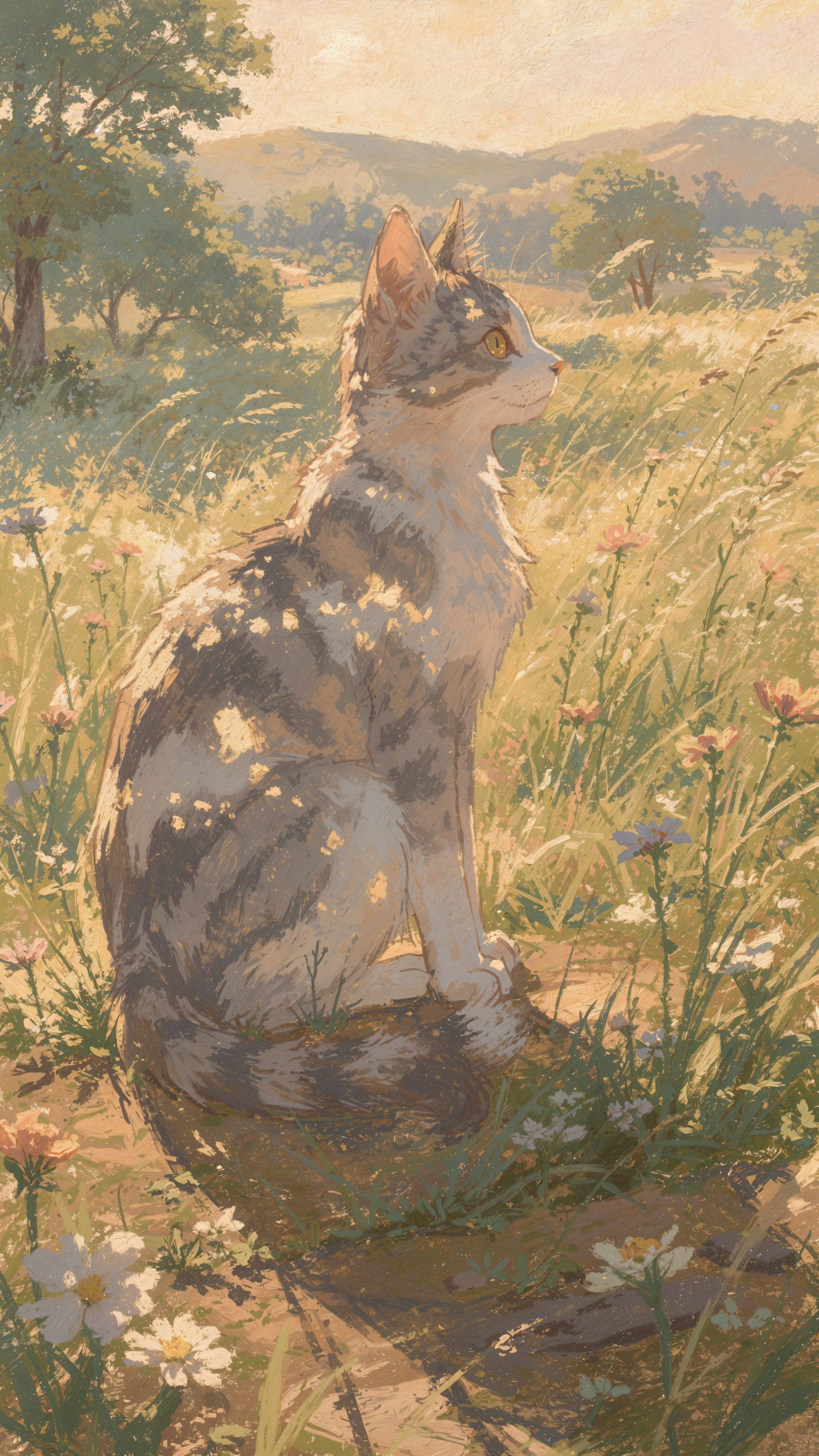 iPhone wallpaper: anime cat in soft painterly style, sitting in a sunlit meadow of wildflowers at golden hour, gazing toward distant hills.