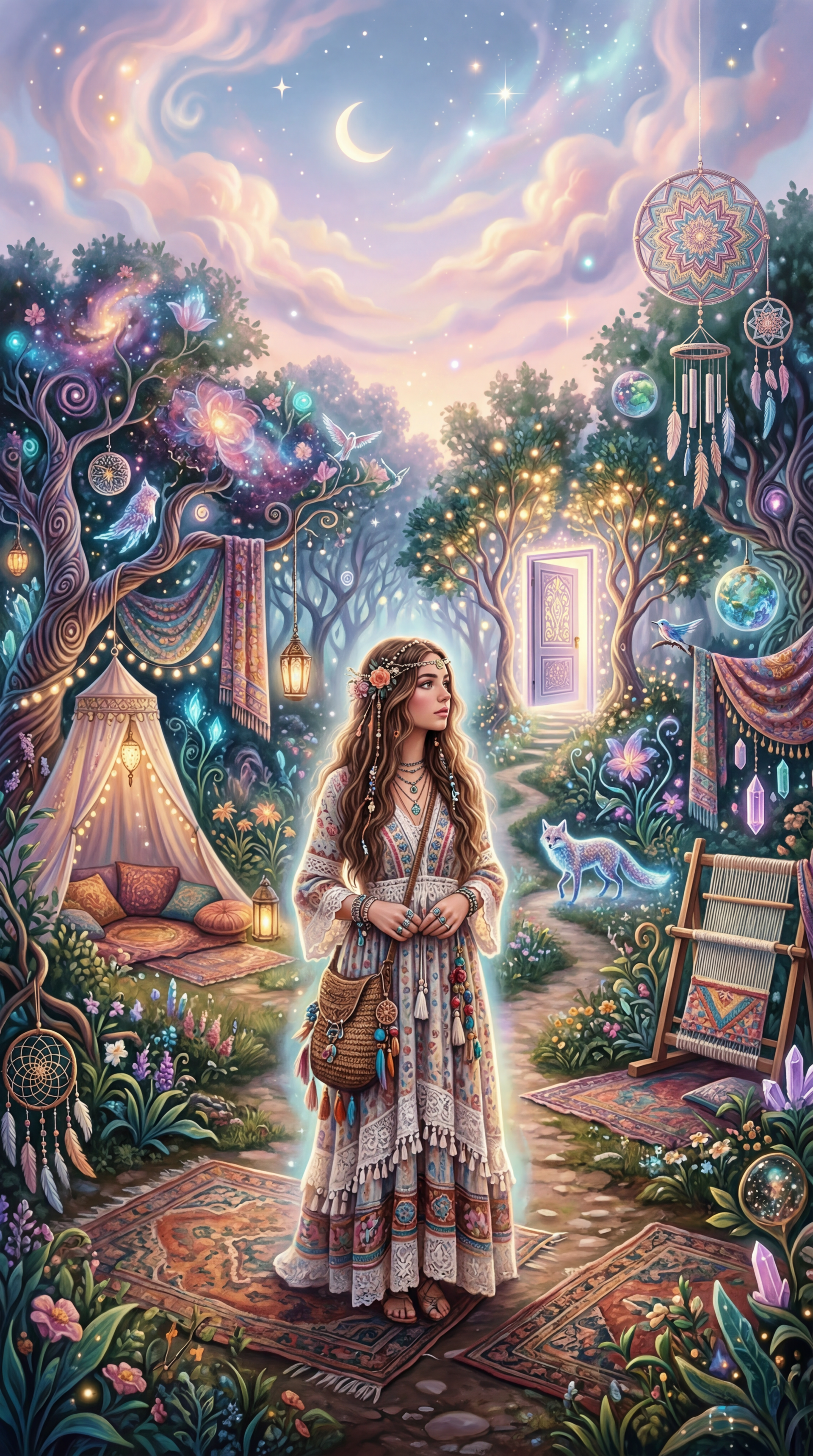 Boho iPhone wallpaper: a woman in layered folk dress stands in an enchanted forest clearing with tents, dreamcatchers, lanterns, a glowing doorway, fox and crescent starry sky.
