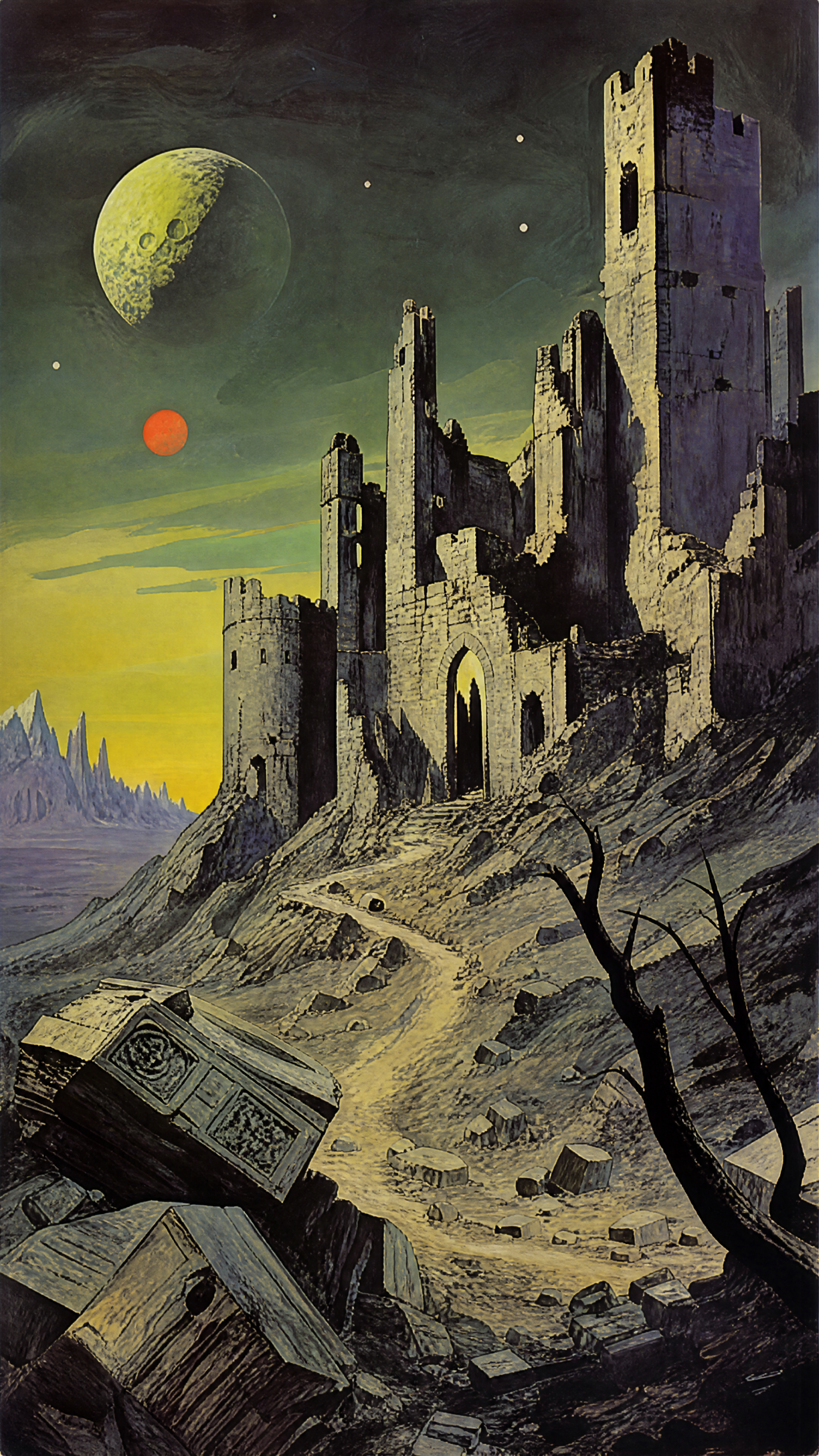 iPhone wallpaper of a ruined castle on a rocky hill beneath an eerie sky with a cratered moon, red sun, winding path, toppled stone sarcophagus and dead trees.