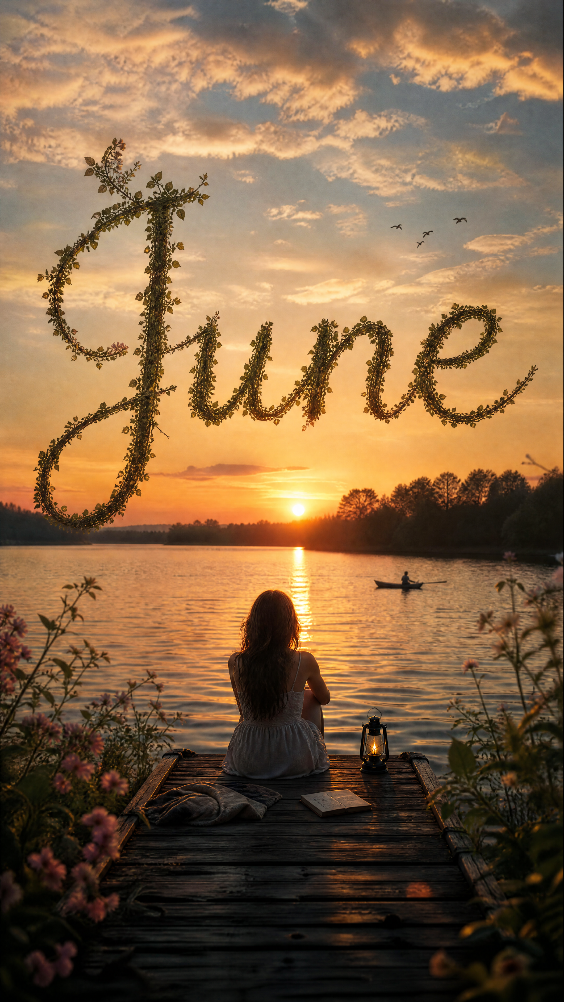 iPhone wallpaper: sunset over a lake with June spelled in flowering script across the sky; a silhouetted figure sits on a dock with a lantern and book, a canoe drifts on the water.