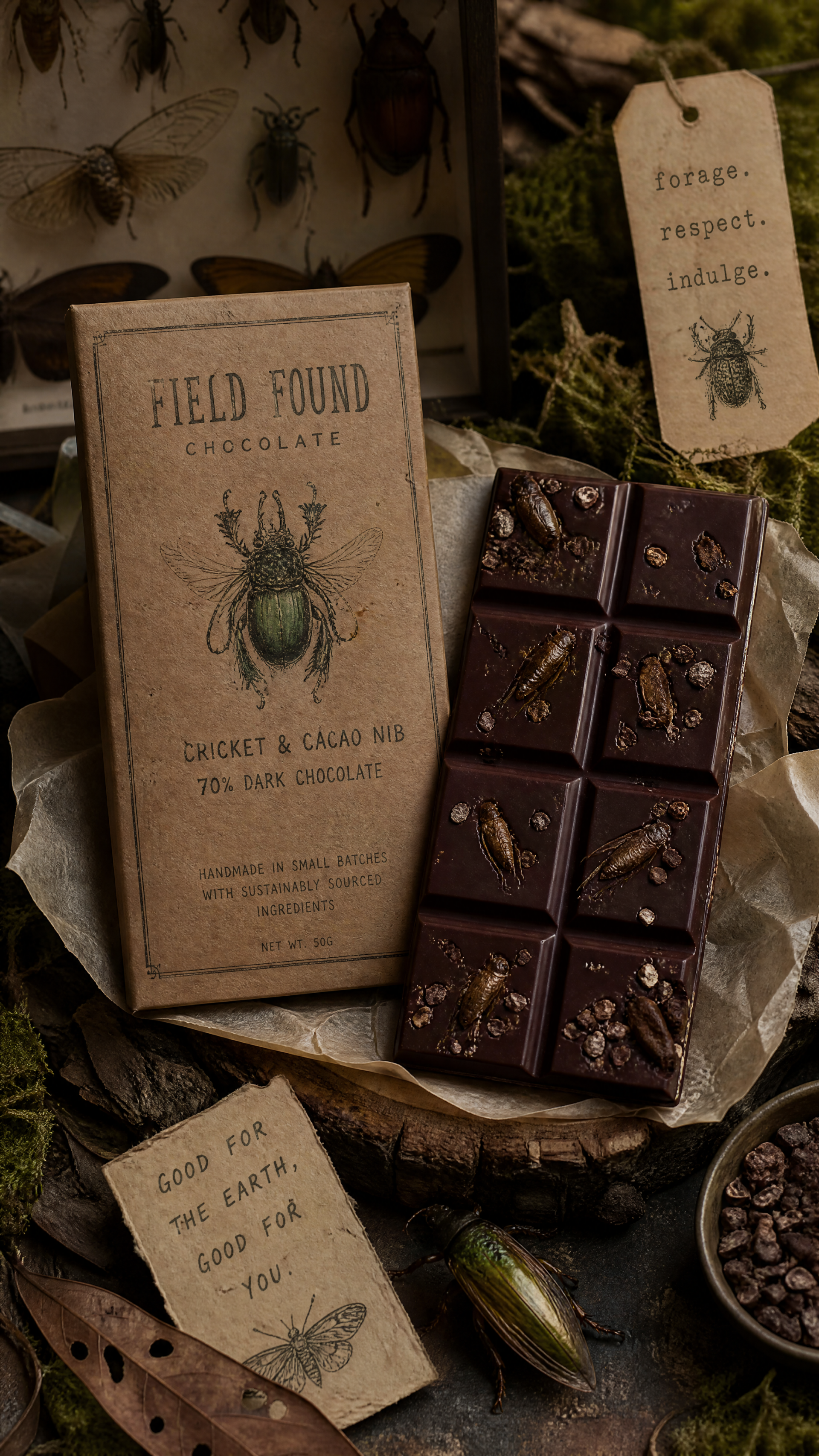 iPhone wallpaper of artisanal Field Found chocolate: 70% dark bar studded with crickets and cacao nibs, rustic packaging and nature-themed tags on a mossy, earthy background.
