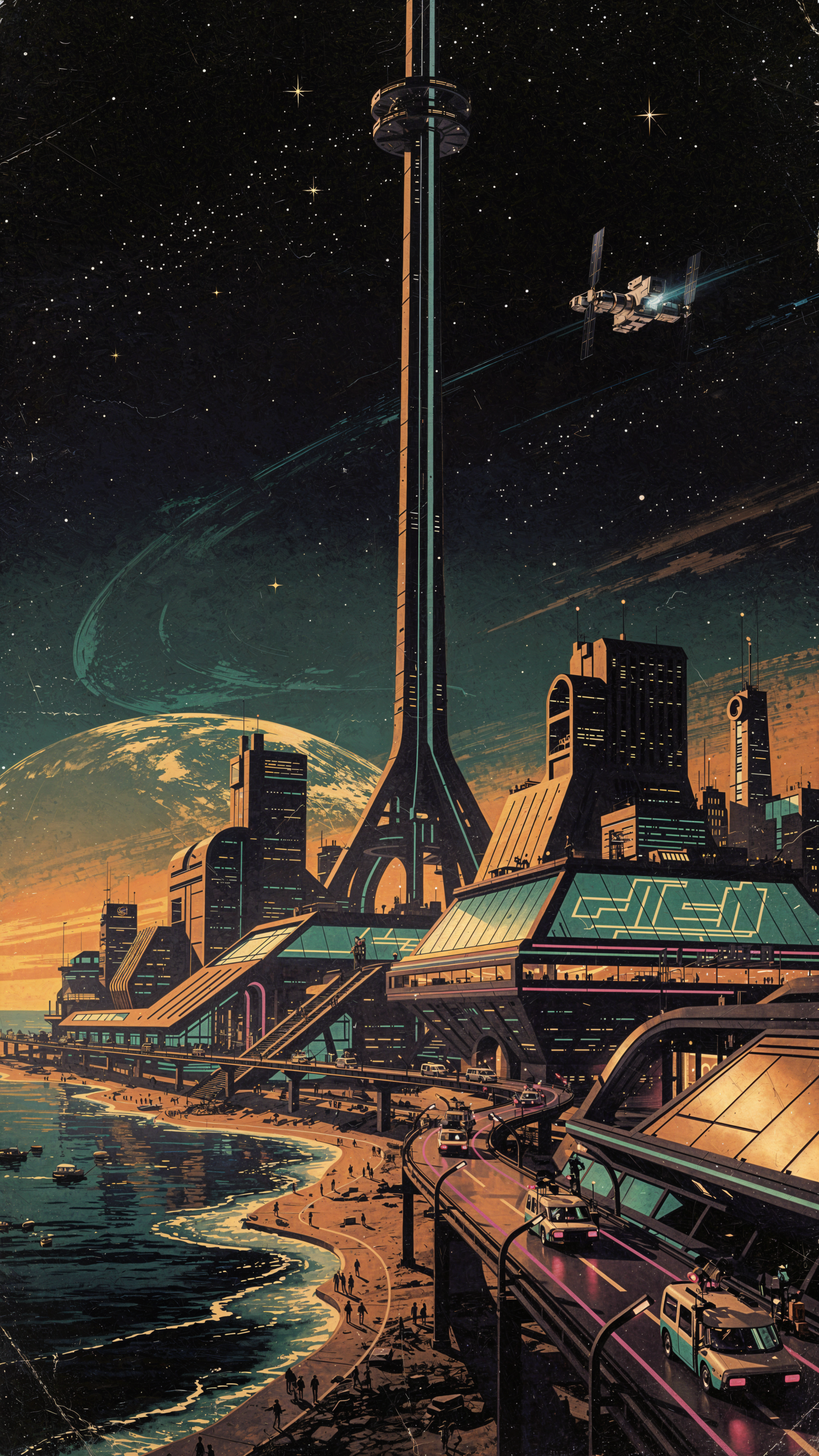 Phone/iPhone wallpaper: a futuristic coastal metropolis at dusk dominated by a towering space elevator reaching into a starry sky, with orbiting ships and neon-lit transit corridors.