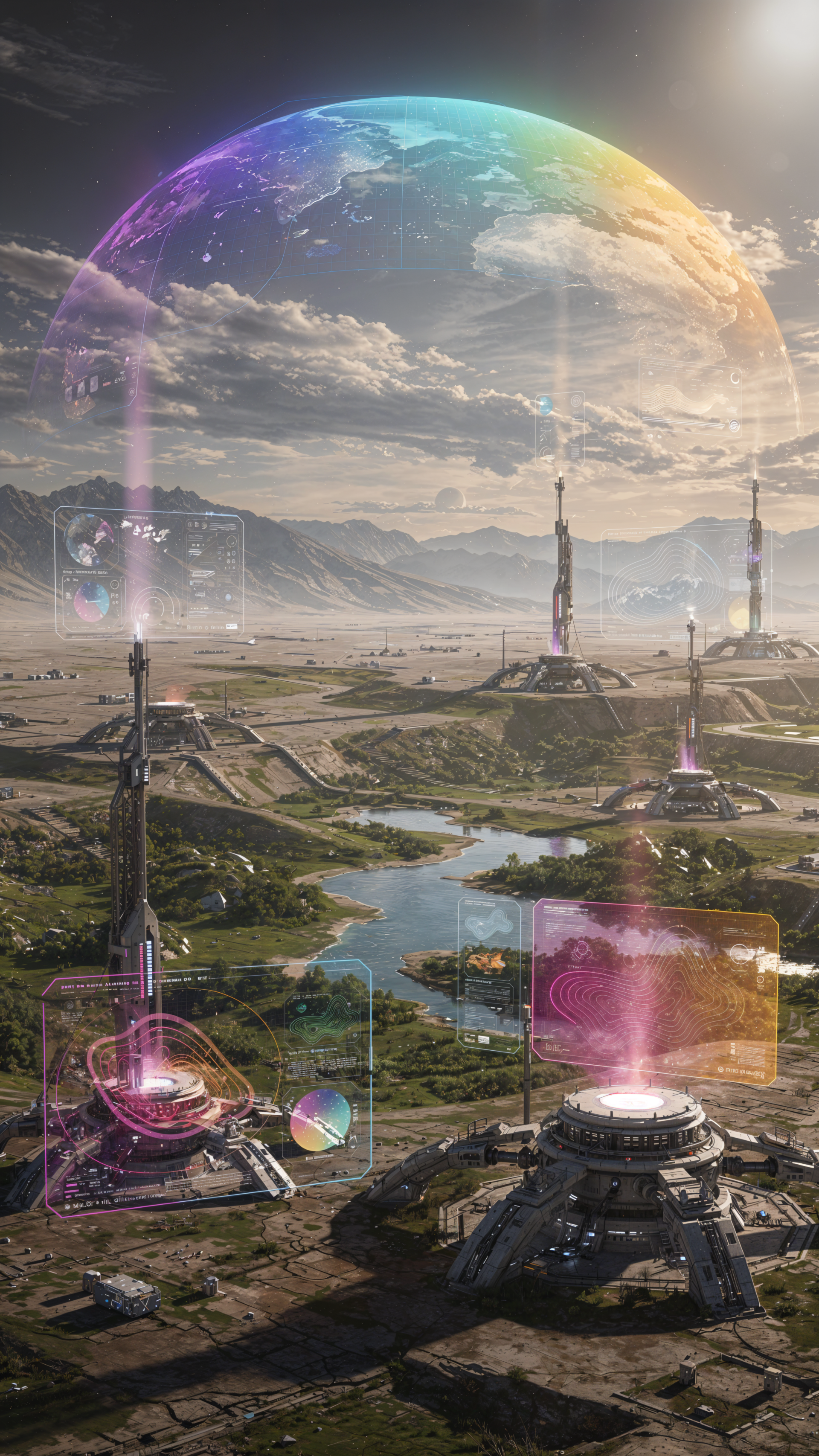 iPhone wallpaper: terraforming scene with towering stations emitting holographic beams across rivers and valleys beneath a translucent, rainbow-lit planetary dome.