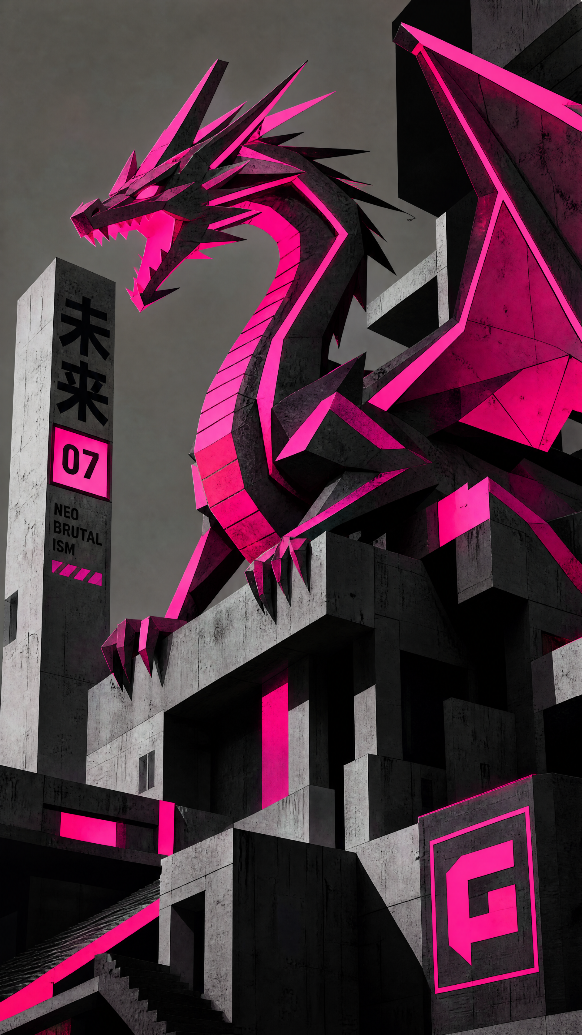 Neon-pink angular dragon perched on concrete monoliths in a cyberpunk city — vertical iPhone wallpaper with bold geometric forms.