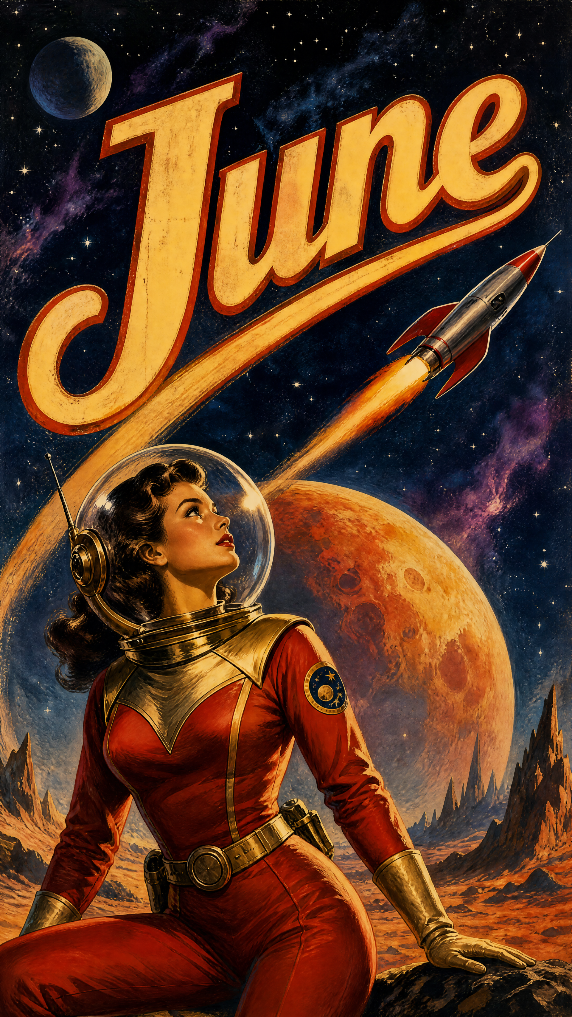 iPhone wallpaper: retro sci‑fi scene with bold June script, a rocket streaking into space, and a vintage woman astronaut gazing at an orange planet.