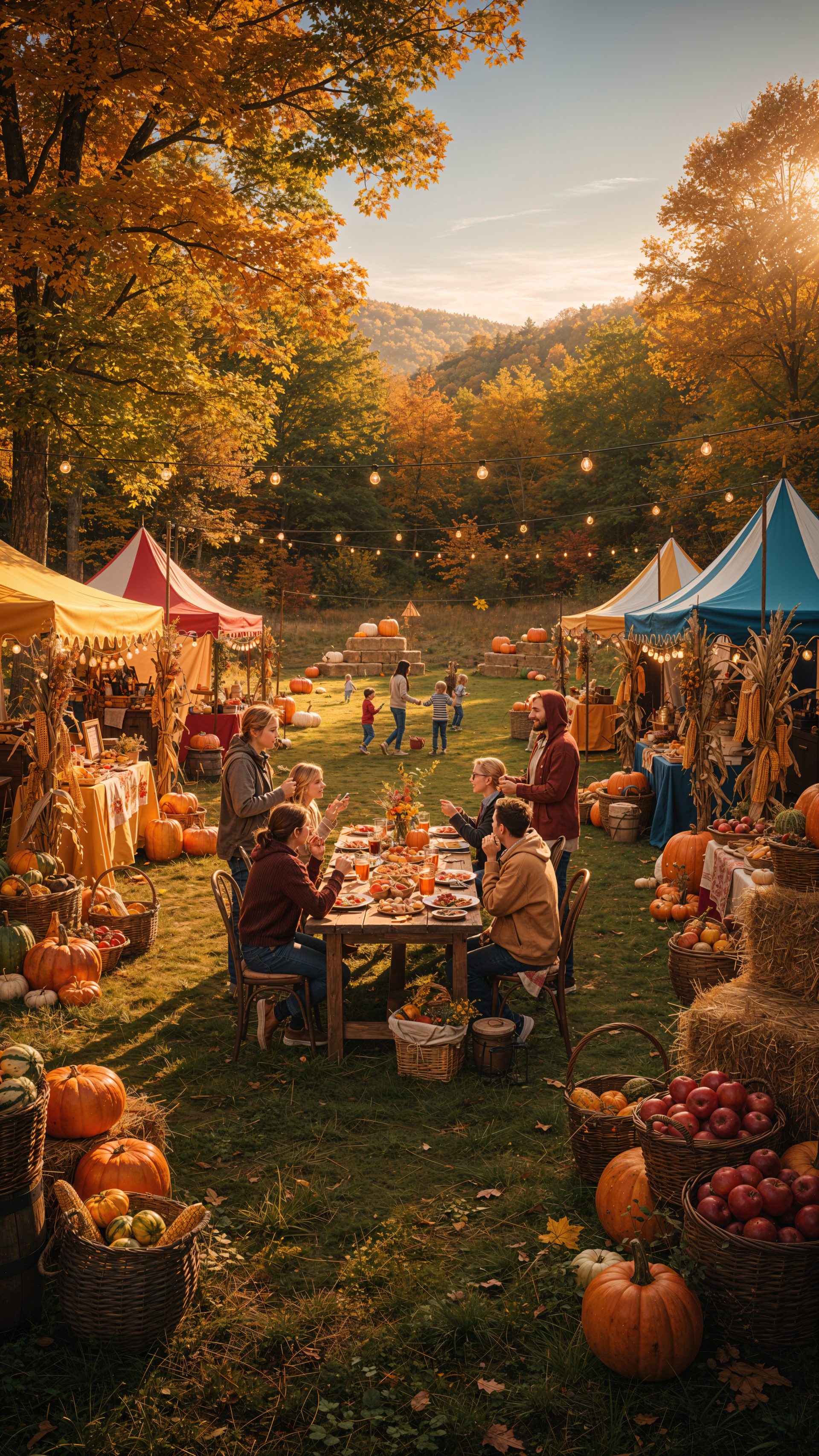 Vertical iPhone wallpaper: golden harvest festival with a long communal table, pumpkins, market tents and string lights; families dining and children playing beneath autumn trees.