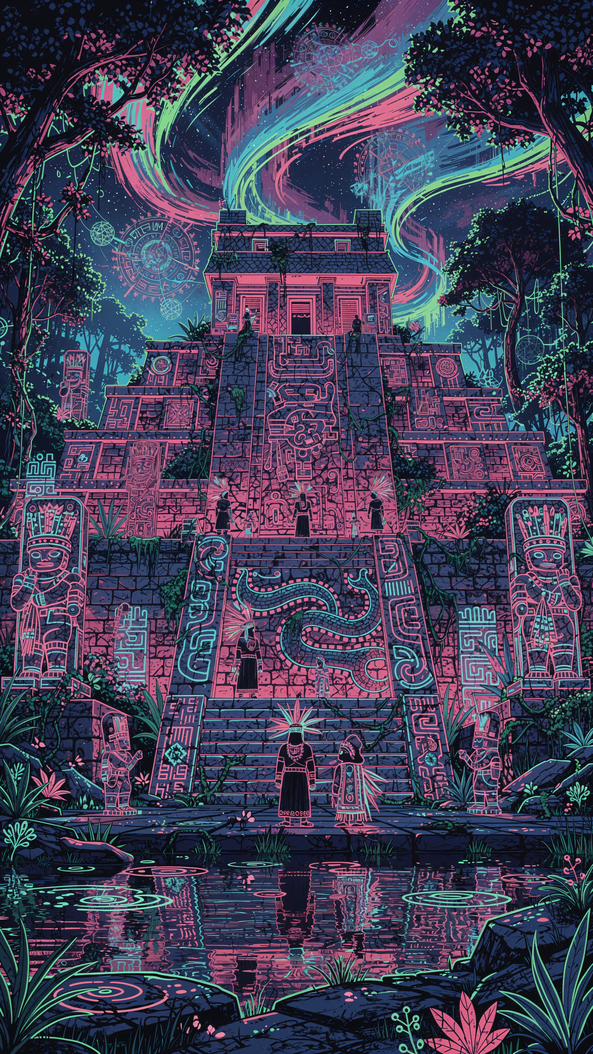 Neon iPhone wallpaper of an ancient Maya stepped pyramid in a jungle at night, two robed figures at the base, glowing glyphs and aurora-like ribbons reflecting in a foreground pool.