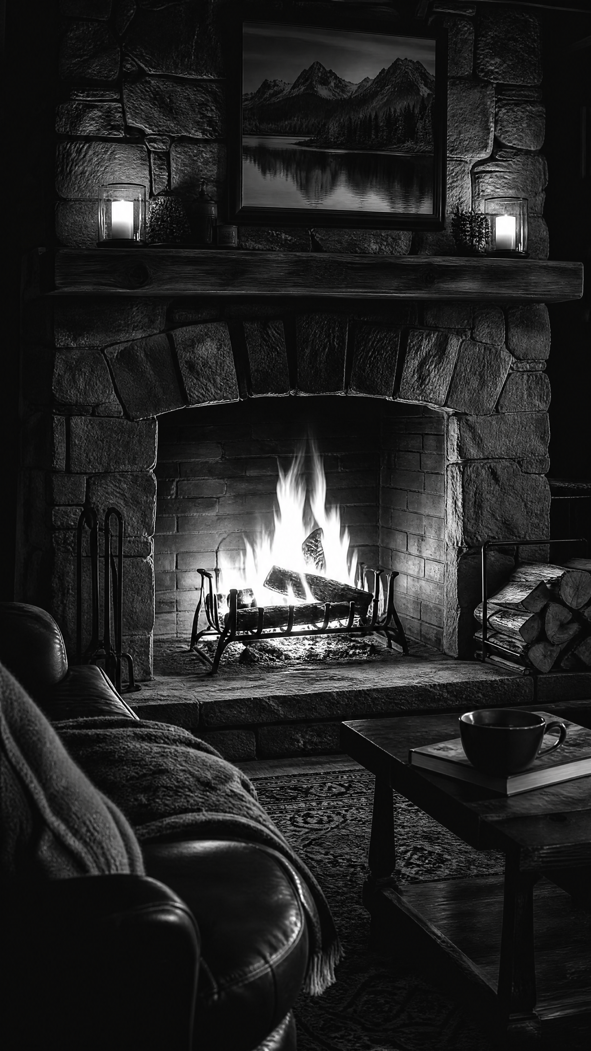 Vertical iPhone wallpaper: cozy stone fireplace with glowing fire, candles on the mantel, framed mountain art, armchair and a coffee cup.