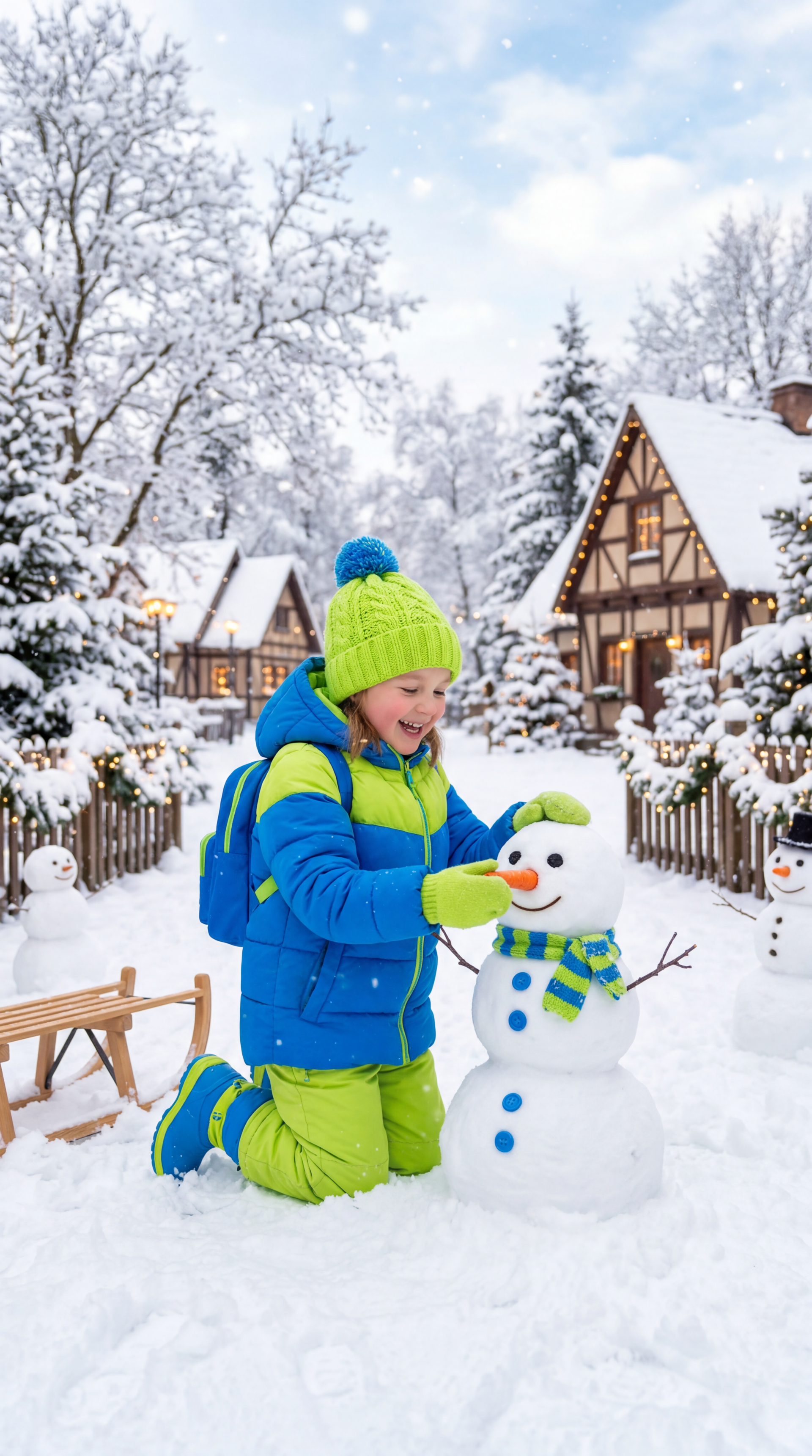 Cute winter iPhone wallpaper: a smiling child in a bright blue-and-green snowsuit builds a carrot-nosed snowman on a snowy village lane with lit cottages and a wooden sled.