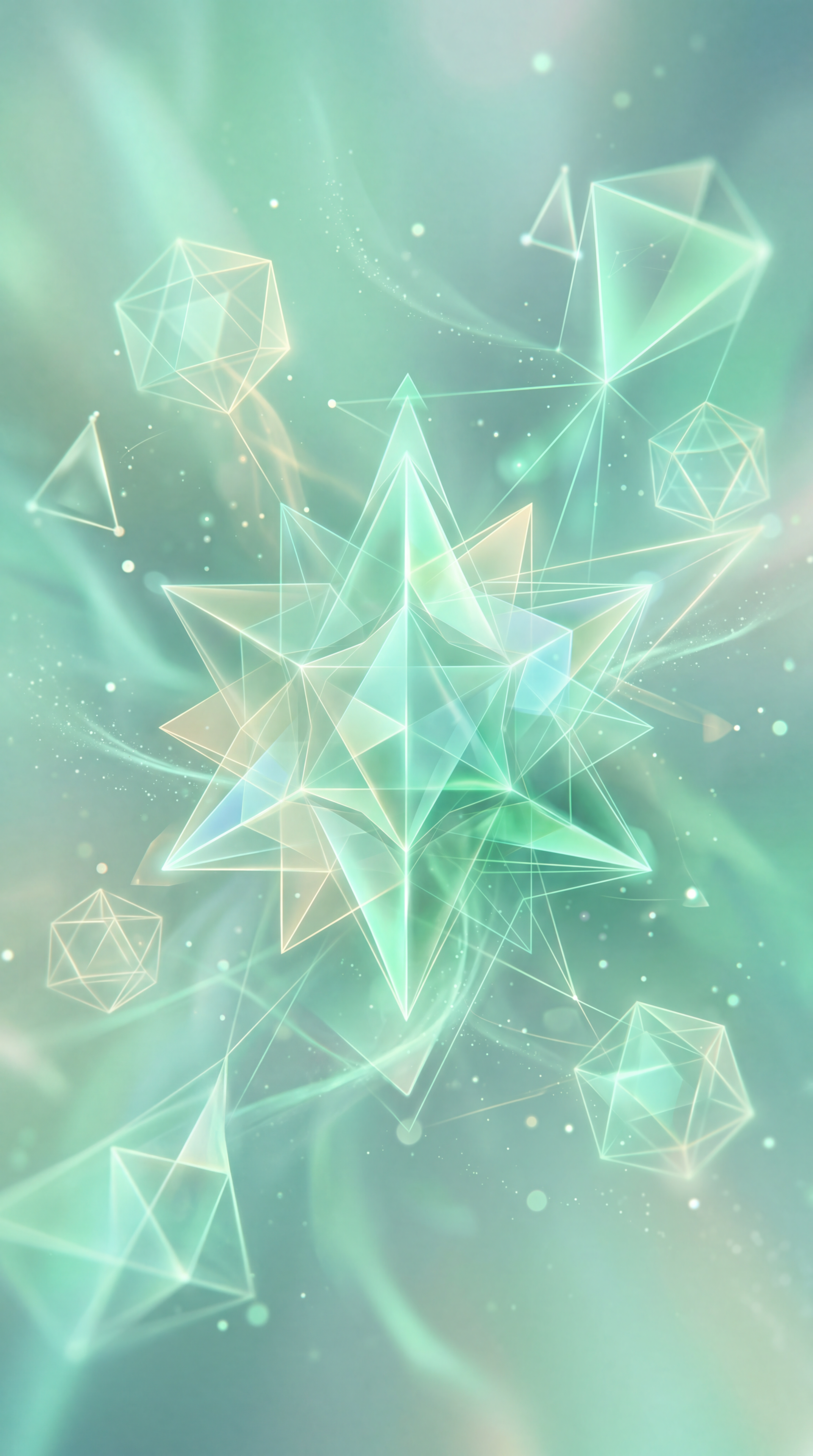 Mint green iPhone wallpaper showing a translucent geometric star with floating crystalline polyhedra and soft glowing swirls on a dreamy, ethereal background.