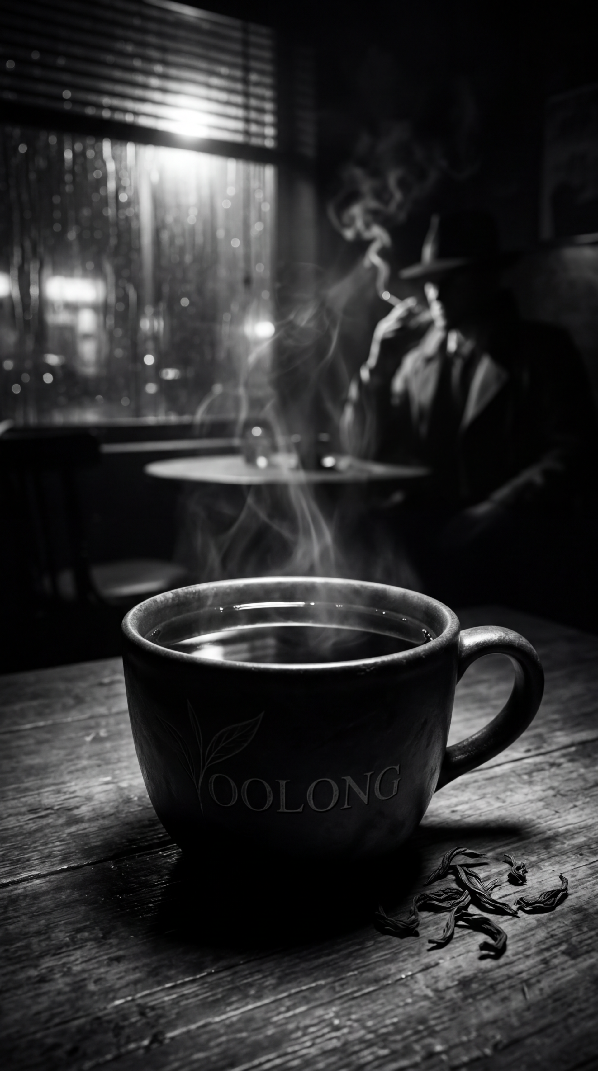 Moody black-and-white iPhone wallpaper: steaming cup labeled Oolong on a wooden table with tea leaves, blurred figure smoking by a rain-streaked window in the background.