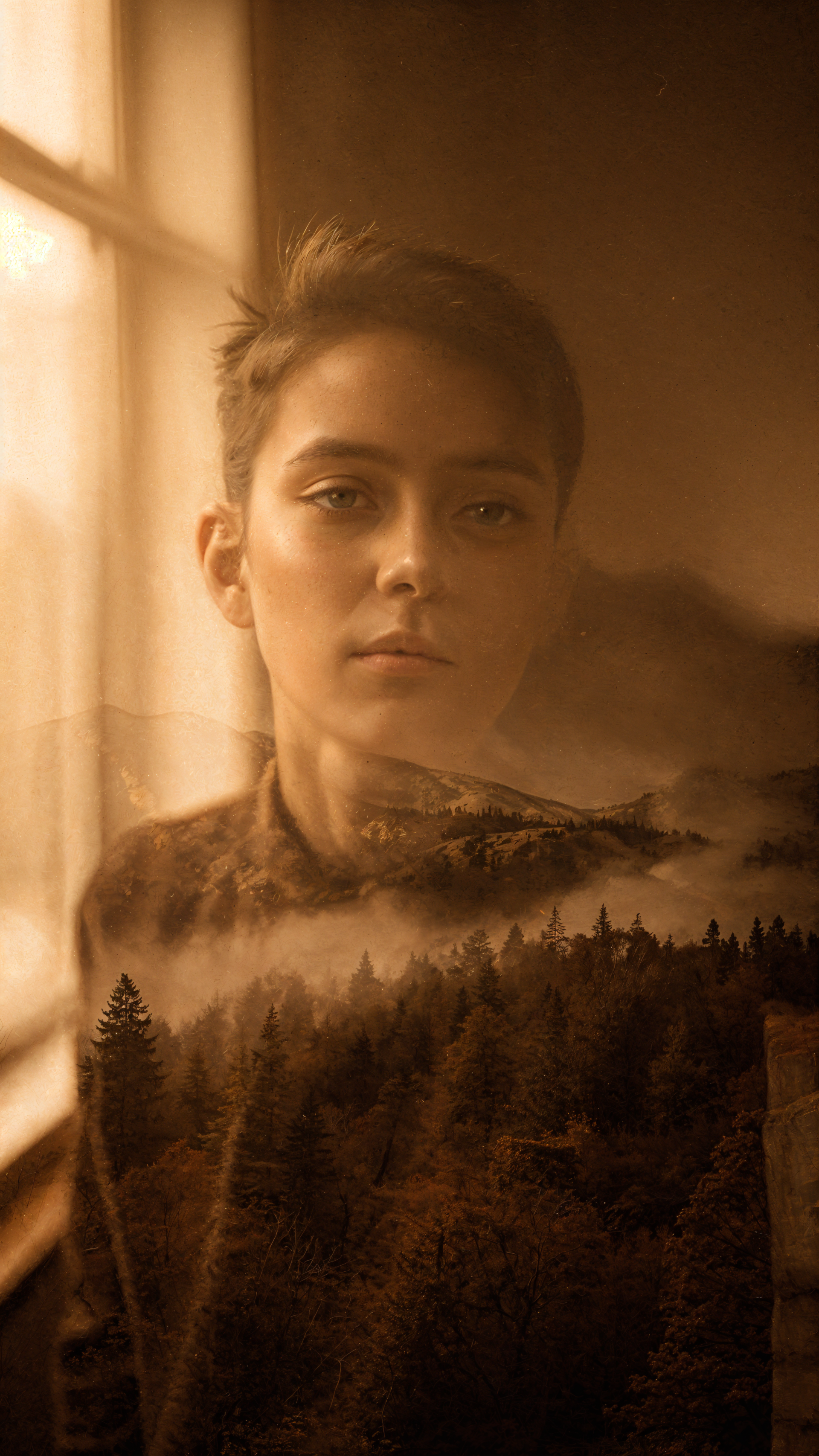 Brown aesthetic iPhone wallpaper: double-exposure portrait of a person blending into a misty forest beside a softly lit window.