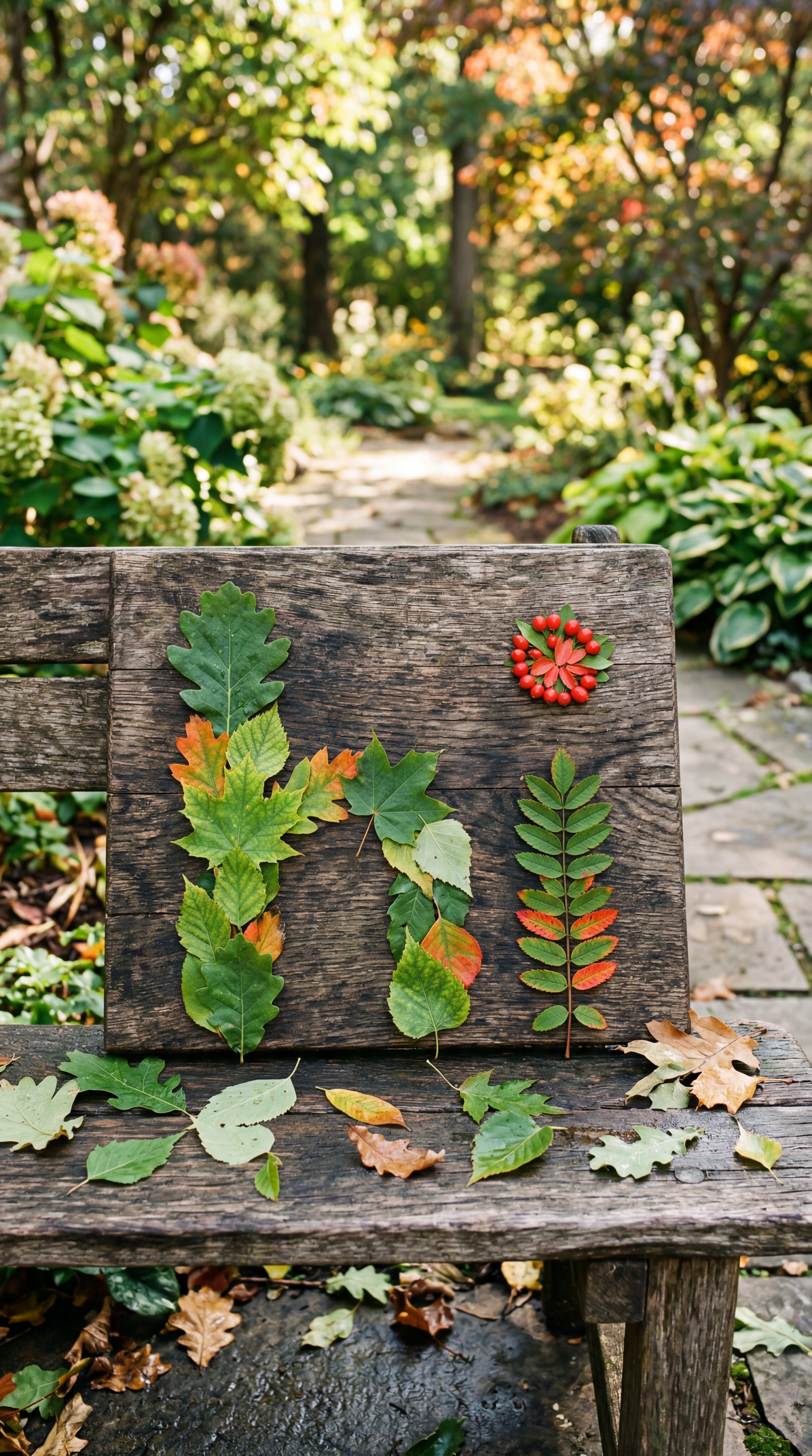 iPhone wallpaper: rustic garden scene with leaves arranged on a wooden bench spelling hi and a tiny red berry wreath, autumn foliage and a stone path in soft focus.