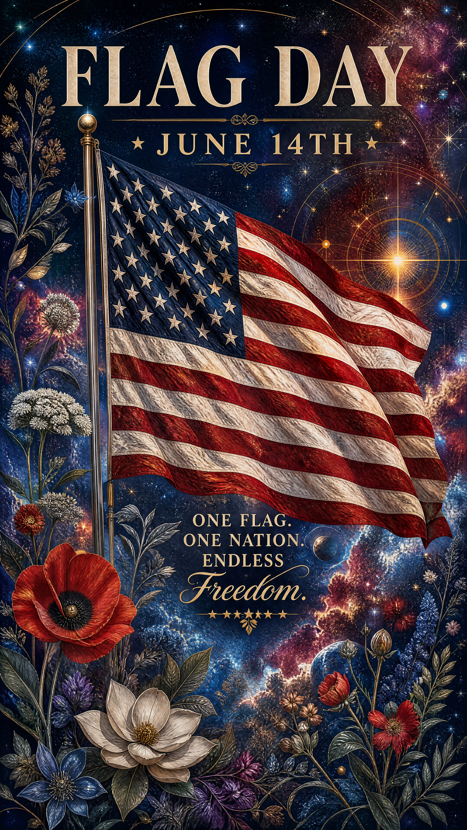 iPhone wallpaper: waving American flag beneath FLAG DAY June 14th text, surrounded by flowers and a starry cosmic background, with the motto One flag, one nation, endless freedom.