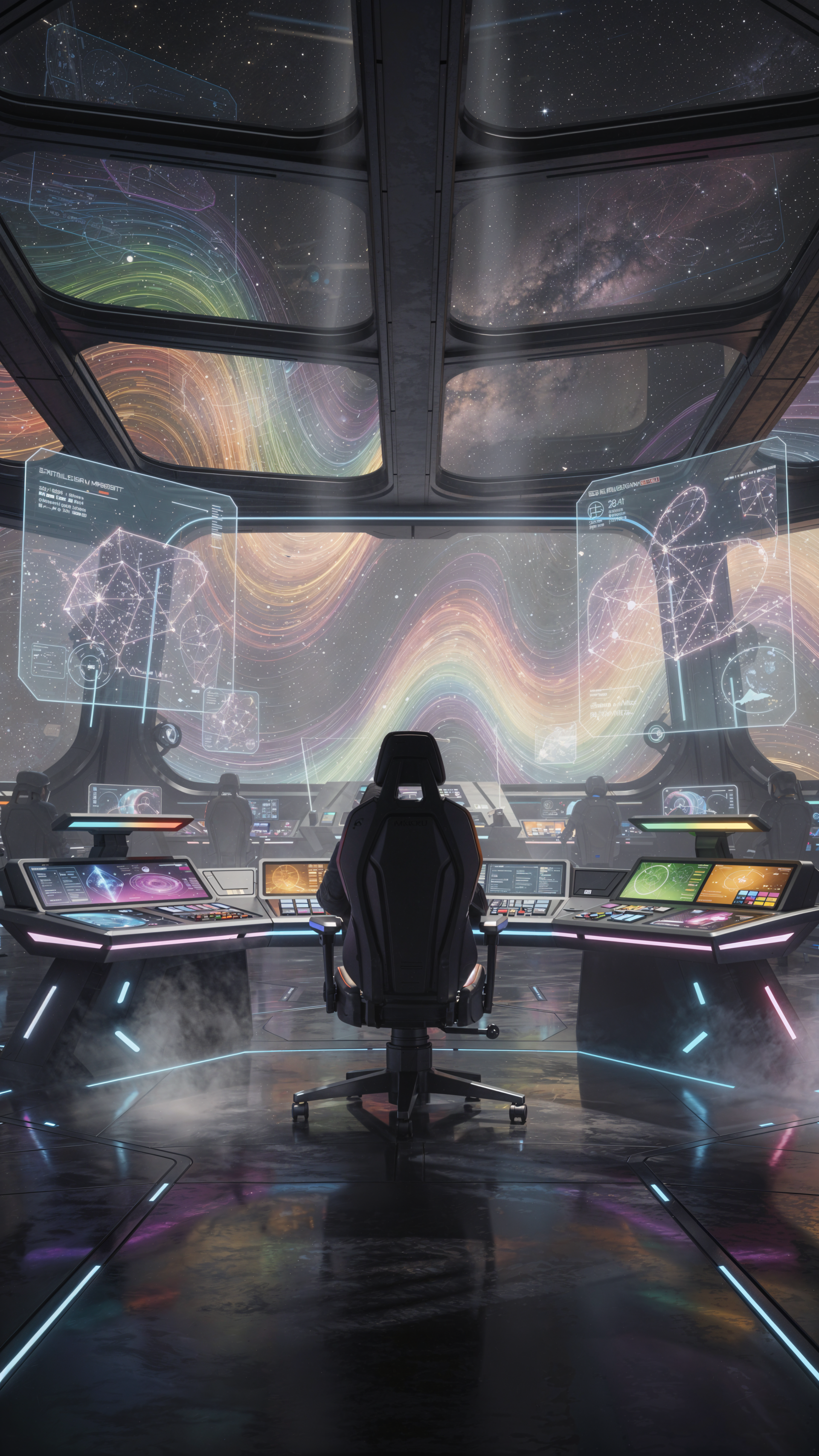 iPhone wallpaper showing a lone captain's chair on a futuristic starship bridge, panoramic windows revealing swirling nebulae and holographic consoles.