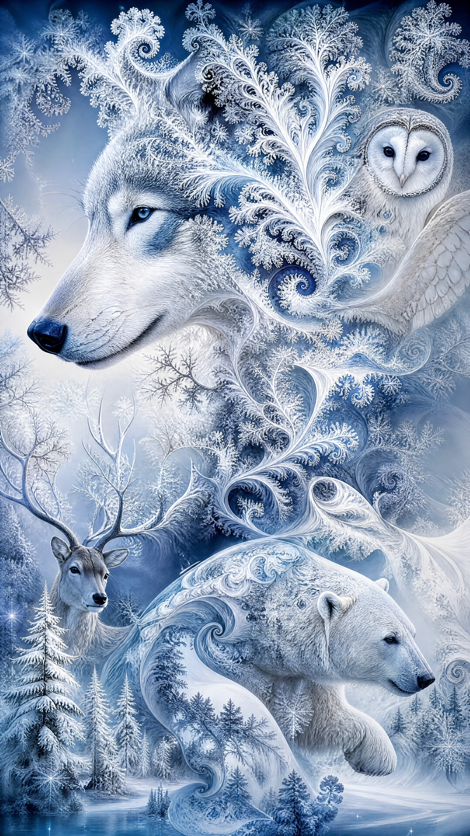 iPhone wallpaper of winter animals: a white wolf, polar bear, owl and stag entwined with frosty, swirling ice patterns above a snow-covered forest.