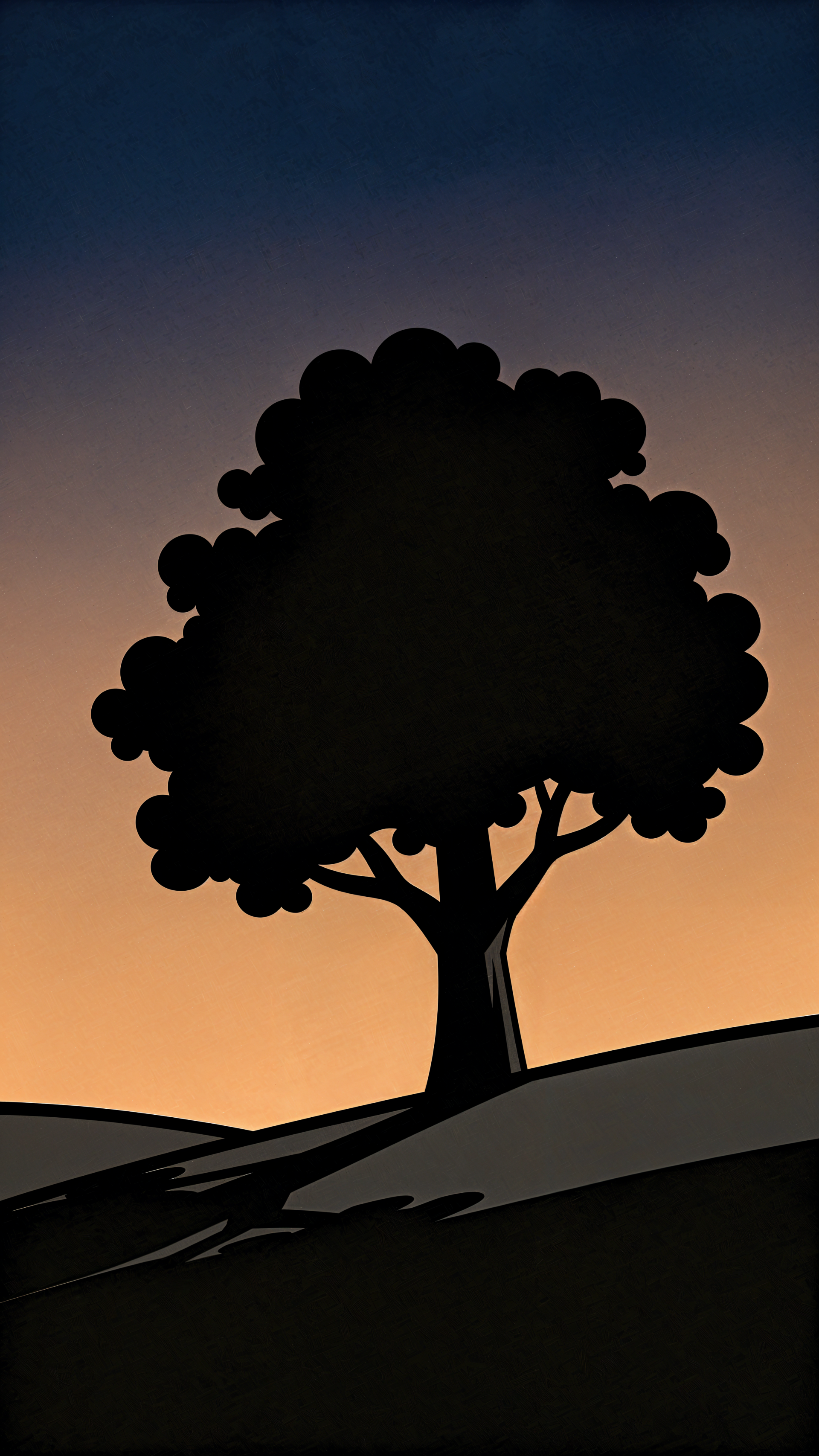 iPhone wallpaper: lone tree silhouette on rolling hills against a warm sunset-to-night gradient sky.