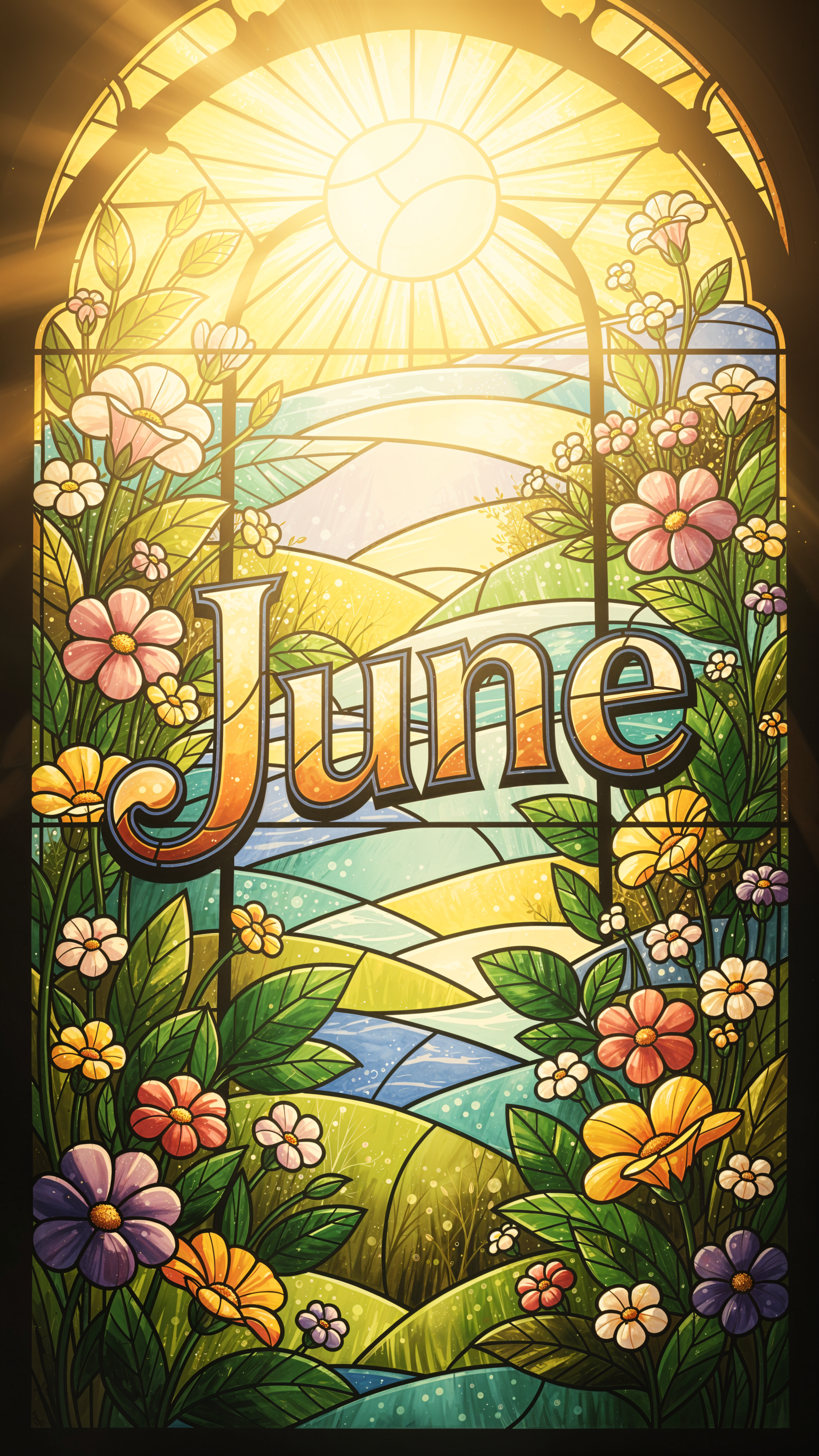 iPhone wallpaper in stained-glass style: a golden sunburst over rolling hills, colorful wildflowers framing the panel, and the word June across the center.