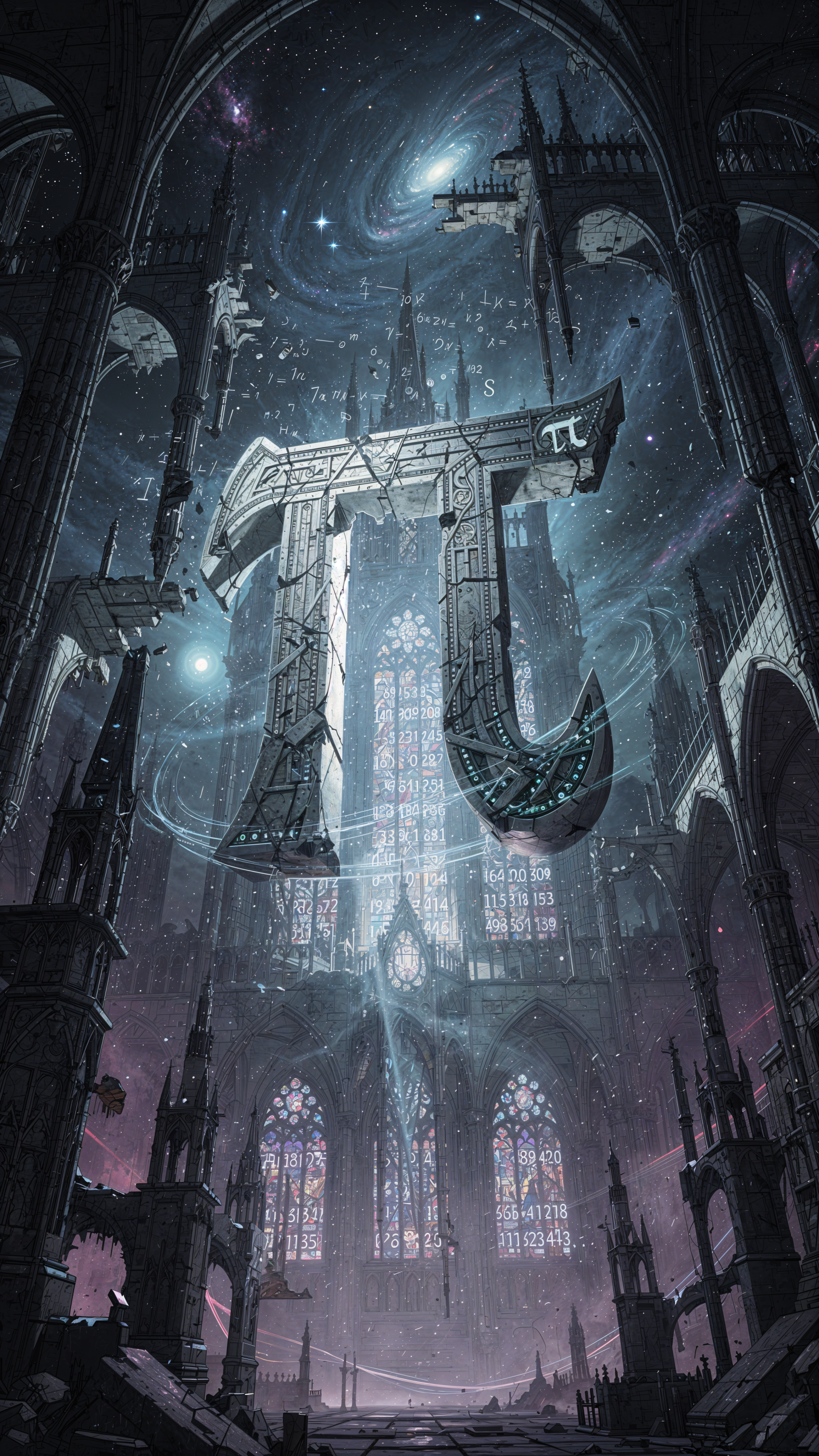 iPhone wallpaper: vast cathedral interior beneath a spiral galaxy, a monumental floating metallic π symbol surrounded by glowing equations and stained-glass light.