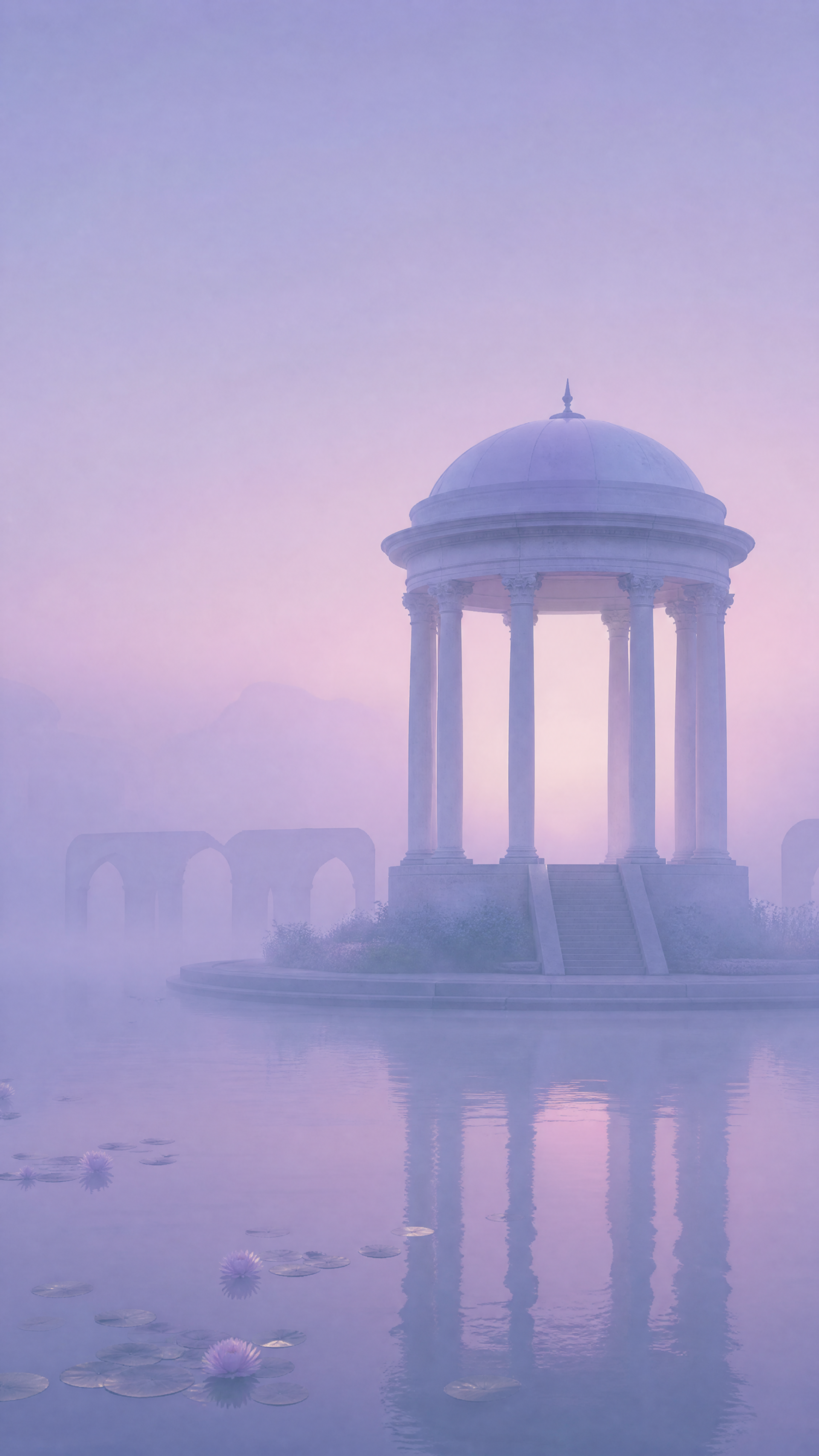 iPhone wallpaper showing a pastel lavender mist over a still lake, a classical domed rotunda and arches reflected in the water, radiating peaceful energy.