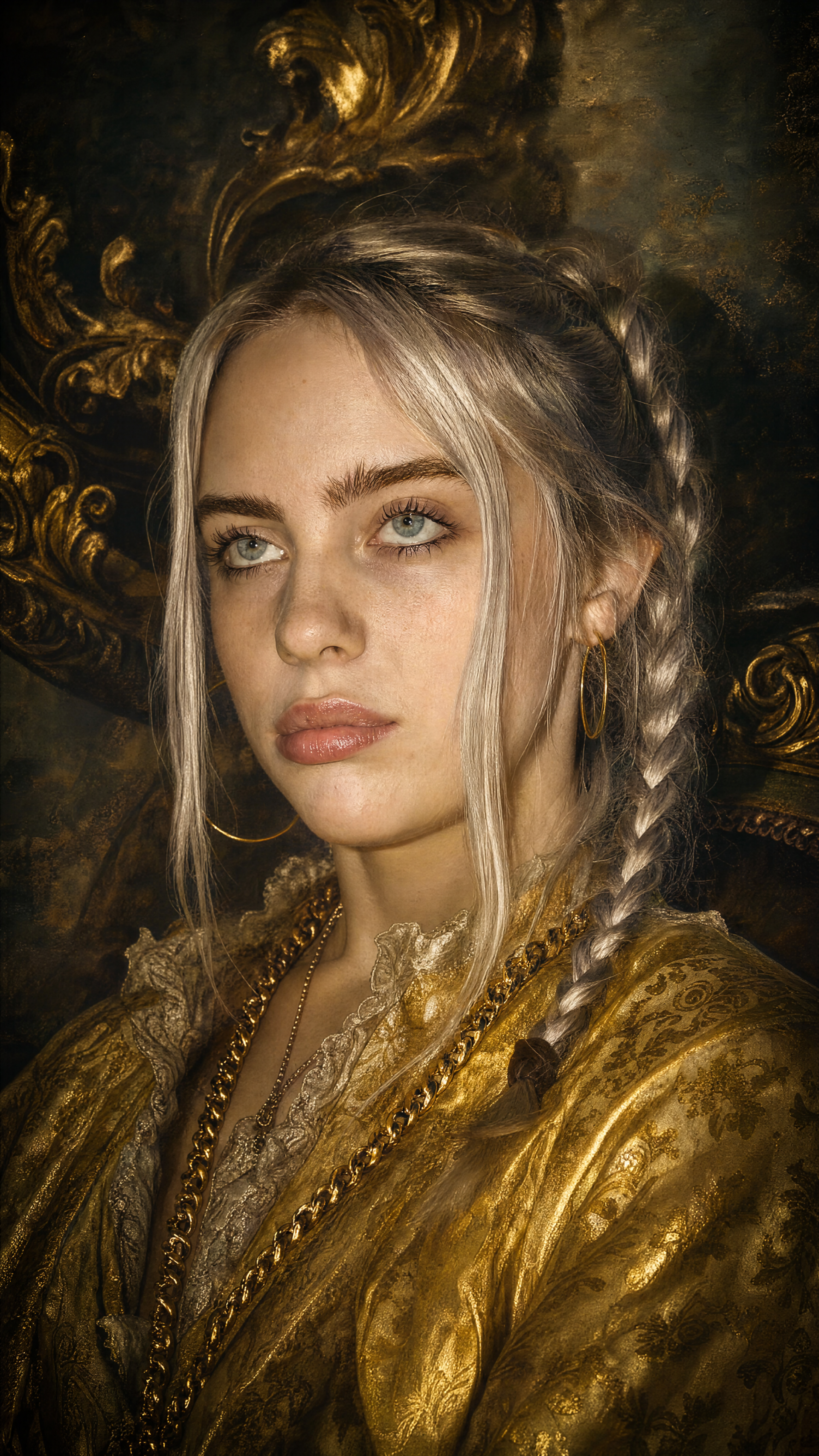 iPhone wallpaper — moody close-up portrait of a platinum-blonde woman with braided hair, hoop earrings, and ornate gold clothing against a baroque gilded backdrop.
