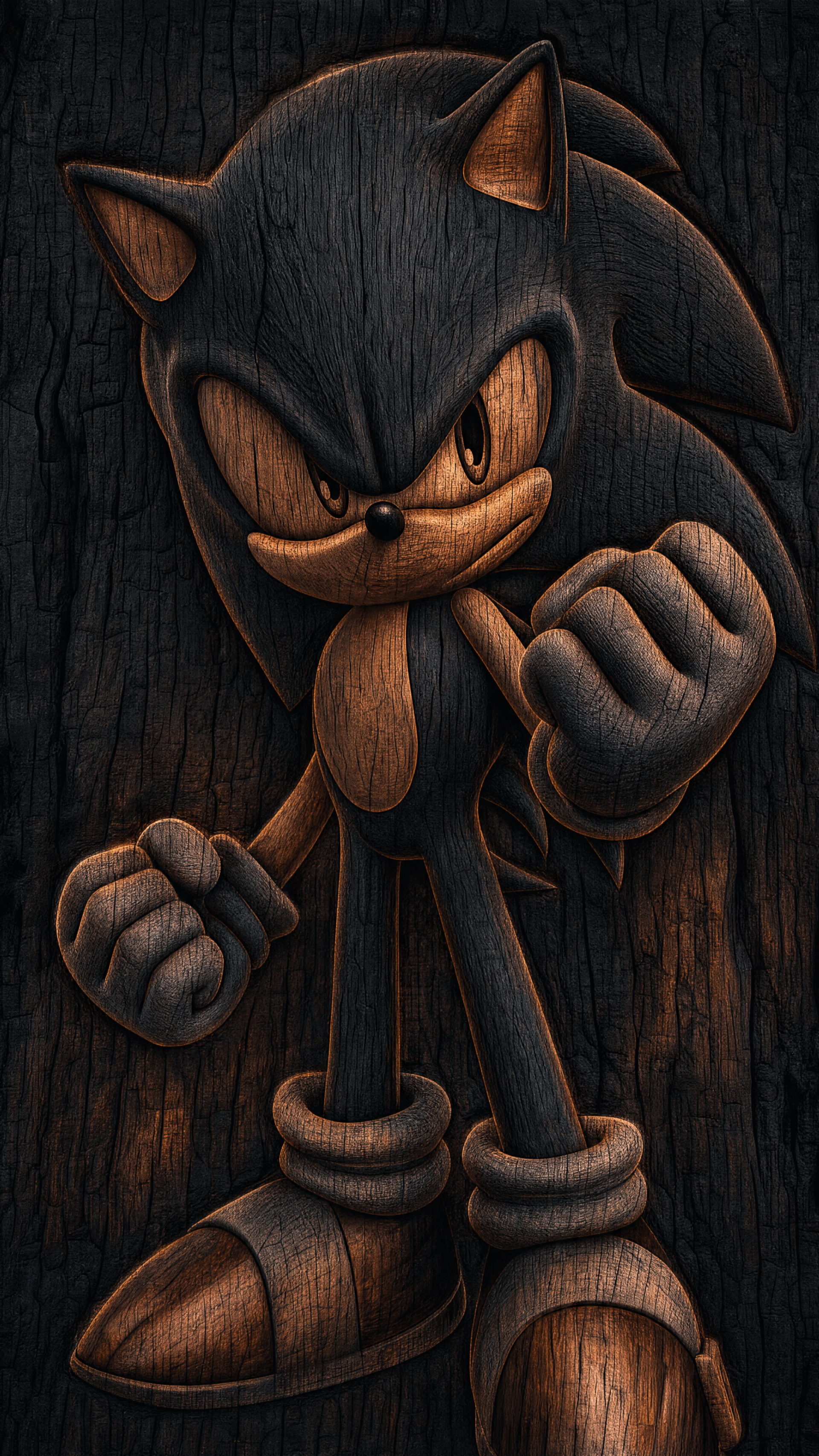 iPhone wallpaper: dark, wood-textured Sonic the Hedgehog in a carved, gritty style, standing with clenched fists and glowing amber eyes.