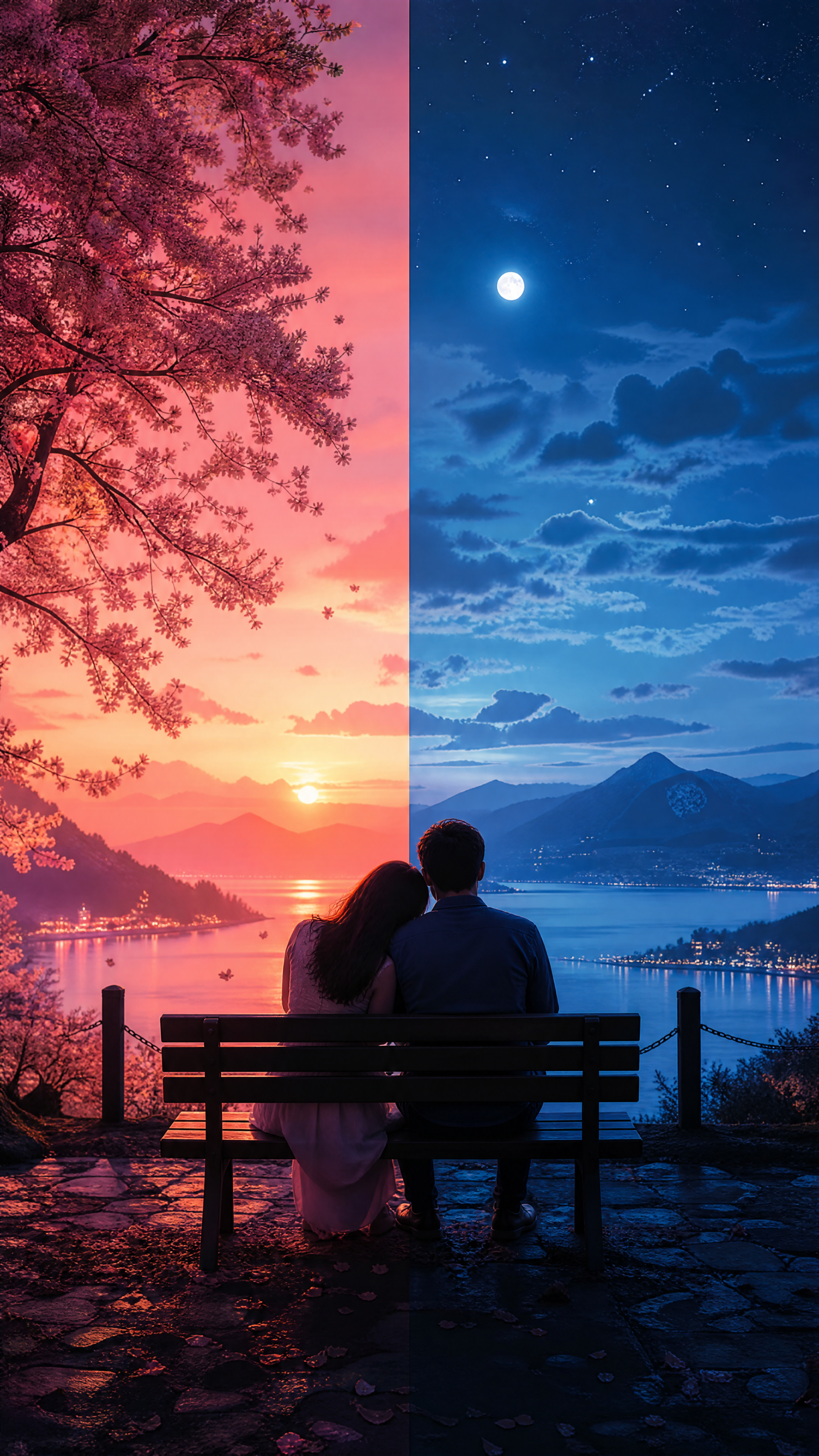 Romantic scenery iPhone wallpaper: silhouetted couple on a bench by a lake, one side a warm sunset with cherry blossoms, the other a serene moonlit night with stars and distant mountains.
