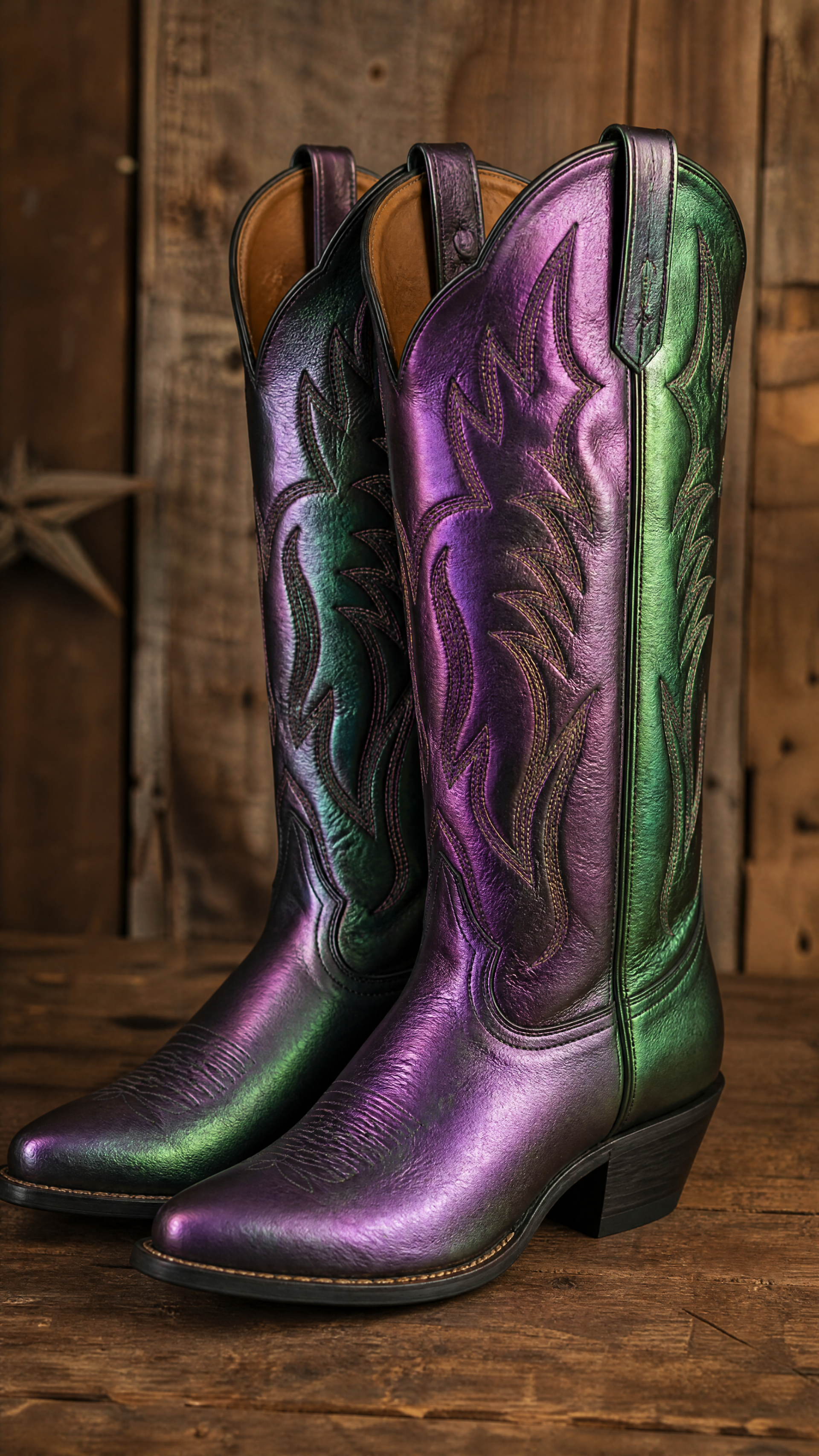 Iridescent purple-green cowboy boots with decorative stitching, photographed upright on a wooden floor against a rustic wood wall — iPhone wallpaper.