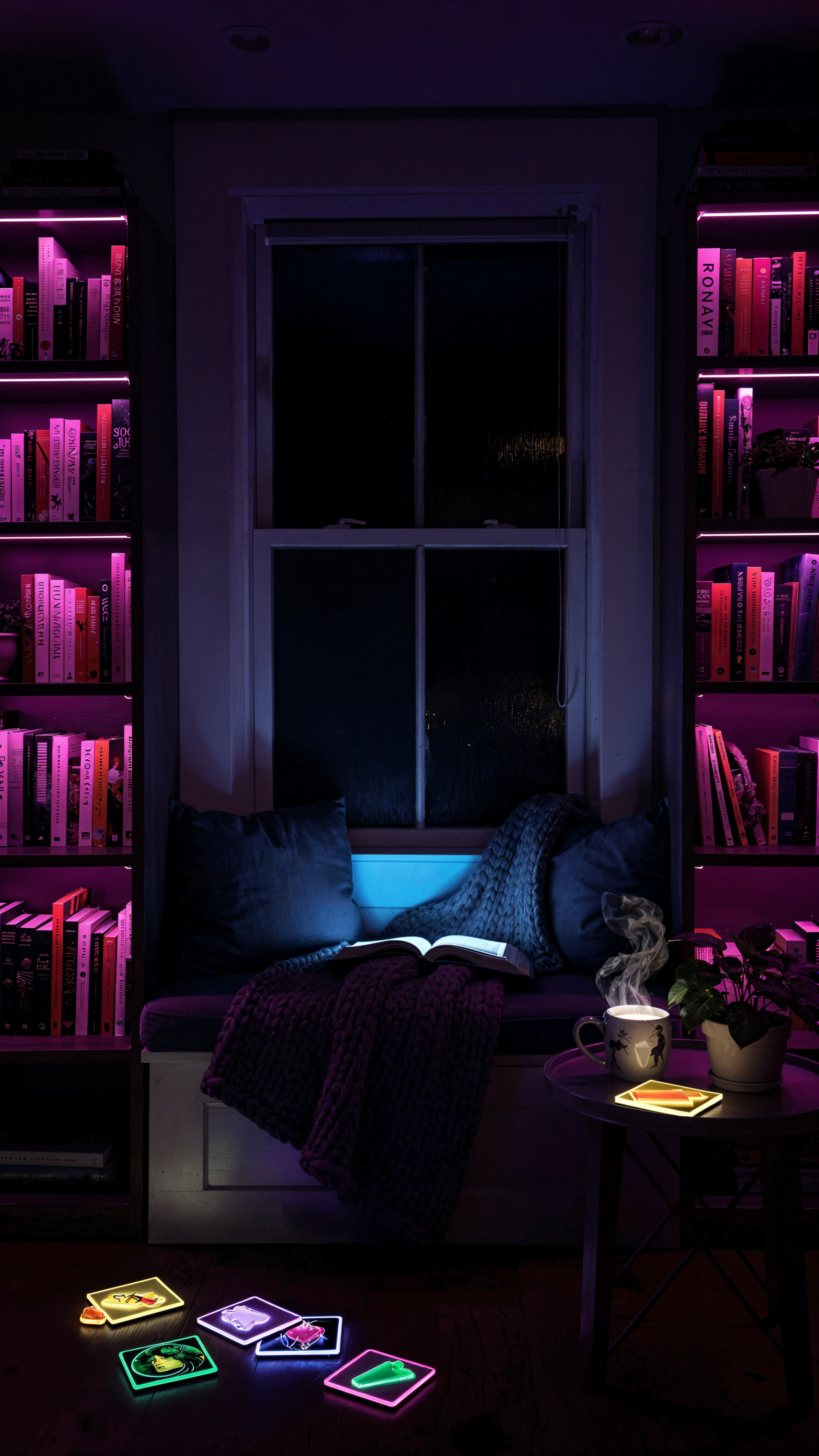 iPhone wallpaper of a cozy reading nook: window seat framed by purple-lit bookshelves, open book, steaming mug, knitted blanket and glowing neon coasters.